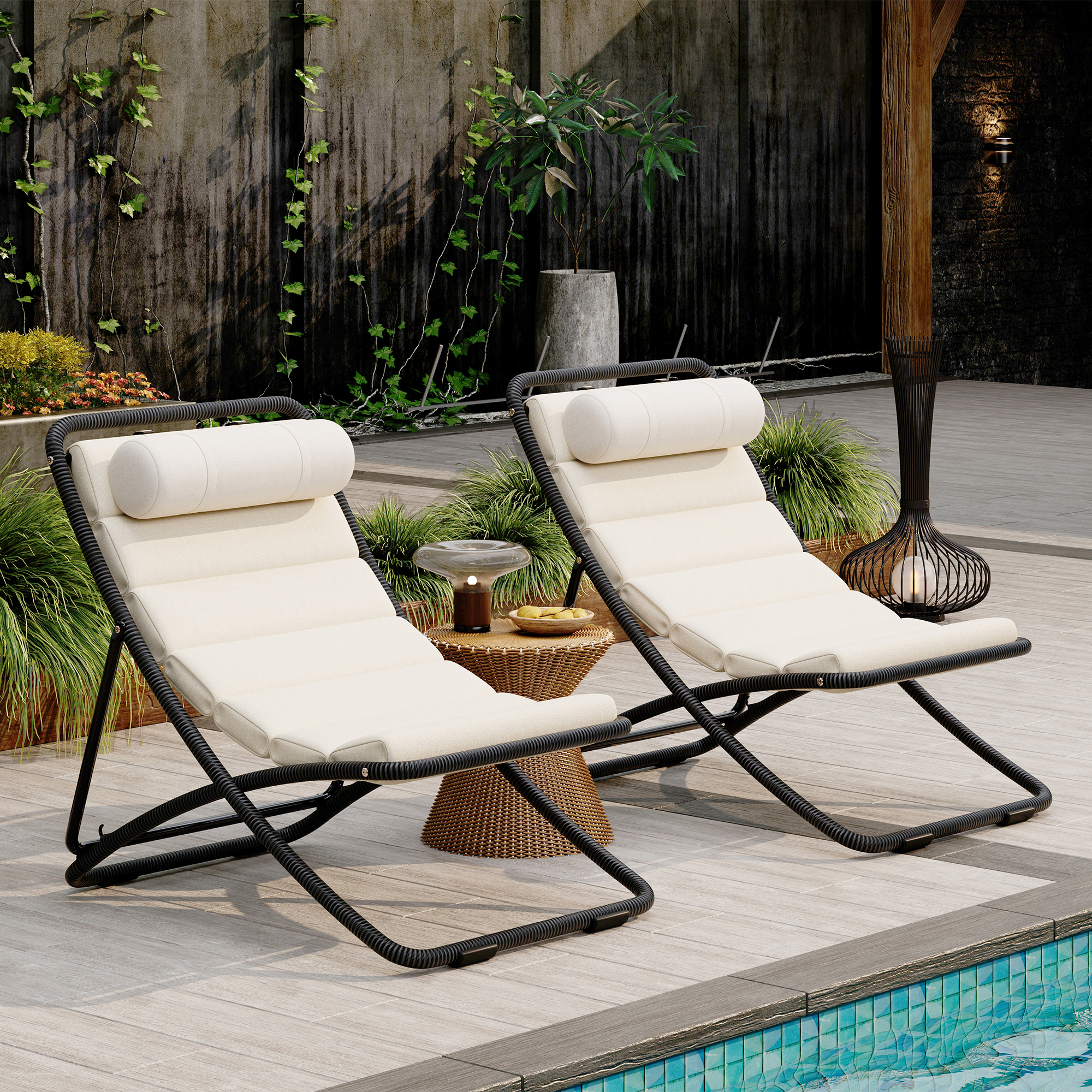 TREXM 2-Pieces Outdoor Folding Chair  Rattan-Wrapped Patio Chair With Adjustable Backrest  Thick Cushion  And Detachable Headrest  For The Poolside  Beach  Backyard  Decck  And Camping  Black