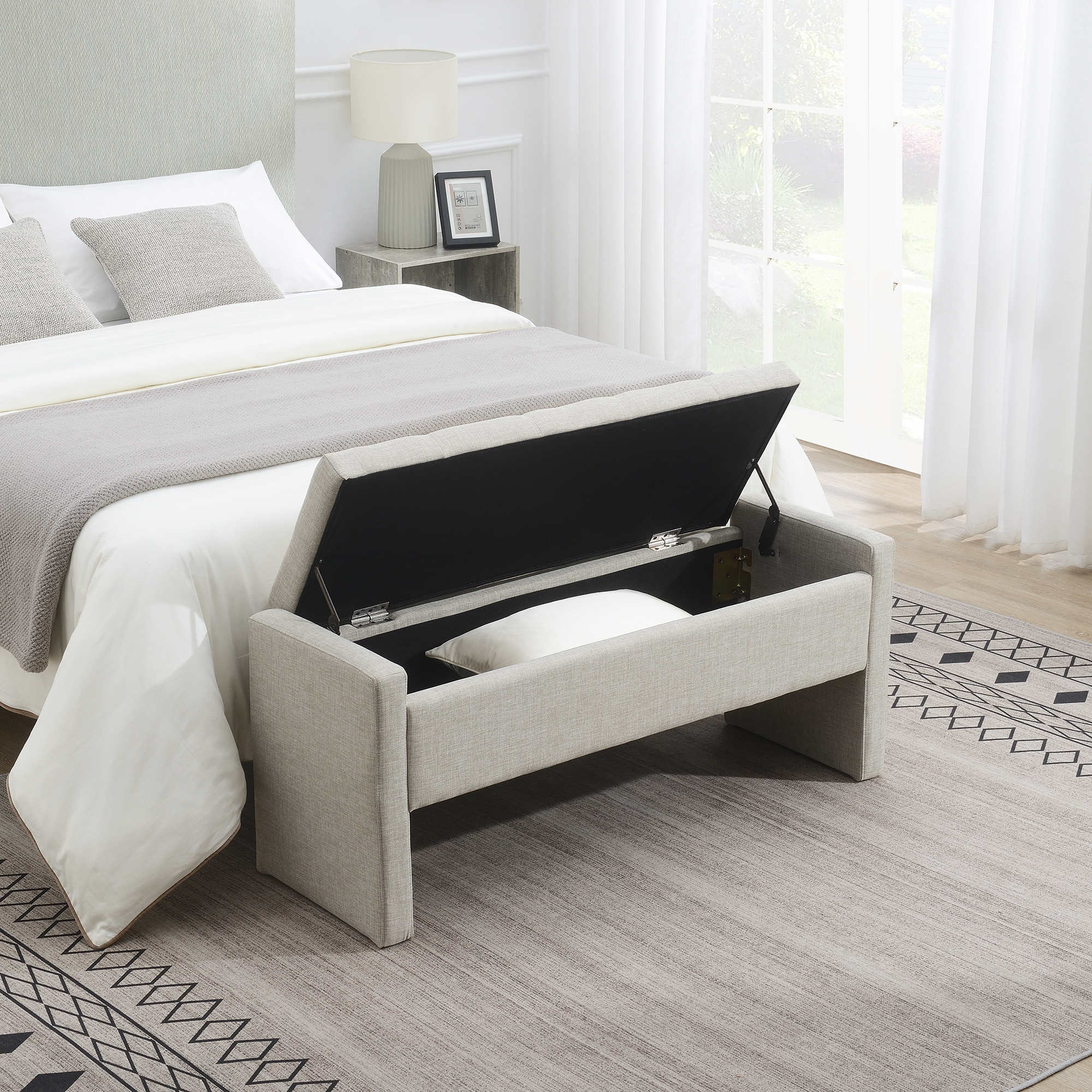 Banco Moderno para Pie de Cama con Almacenamiento, Tapizado en Lino Gris Claro