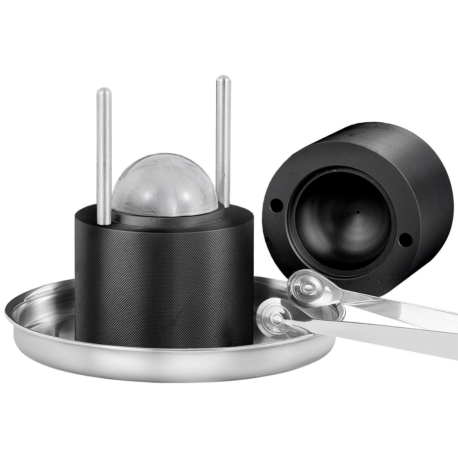 Ice Ball Press, 2.4' Ice Ball Maker, Aircraft Al Alloy Ice Ball Press Kit For 60mm Ice Sphere, Ice Press With Tong And Drip Tray, For Whiskey, Cocktail, Bourbon, Scot On Party & Holiday, Black