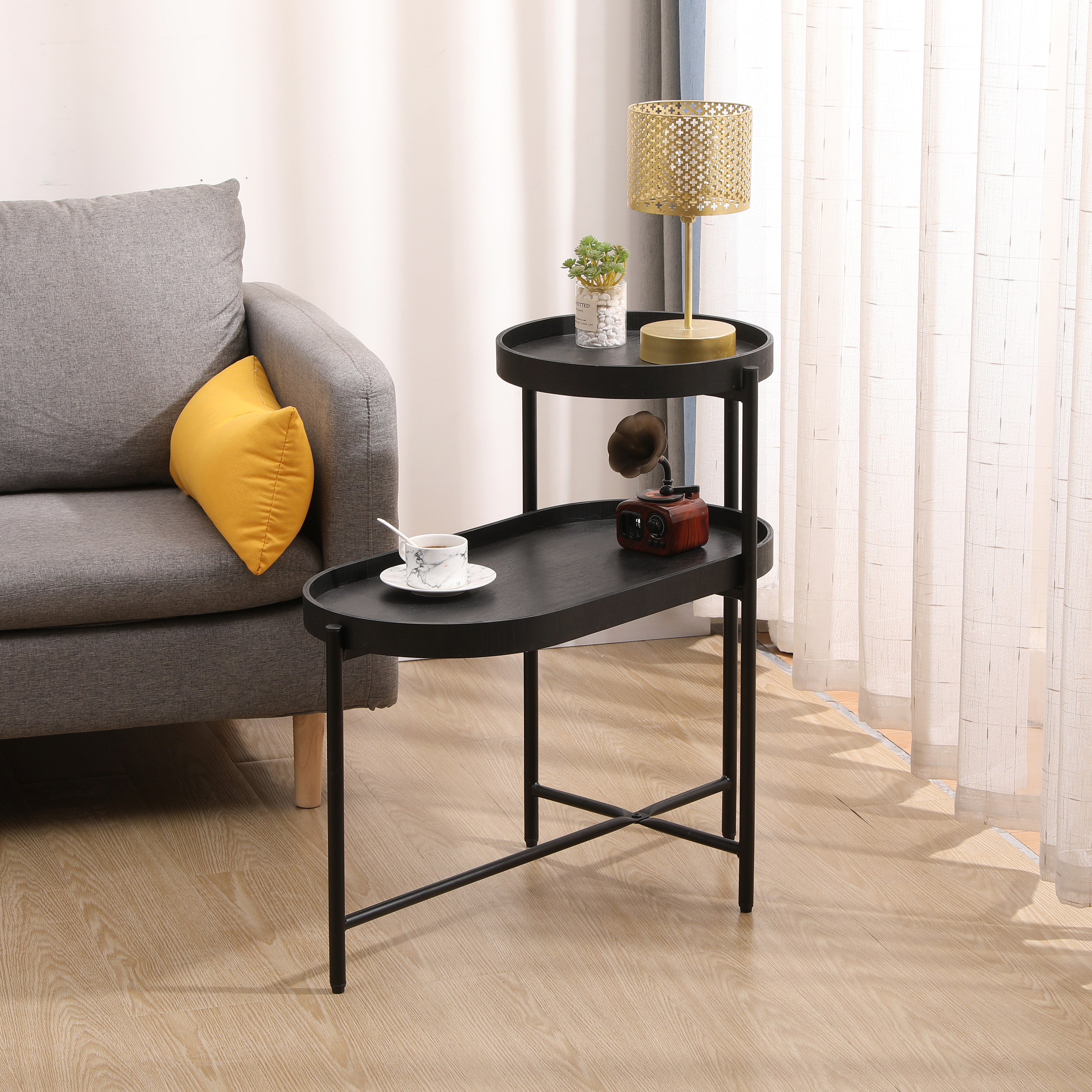 Mesa auxiliar negra de 2 niveles con almacenamiento, estructura de metal y madera