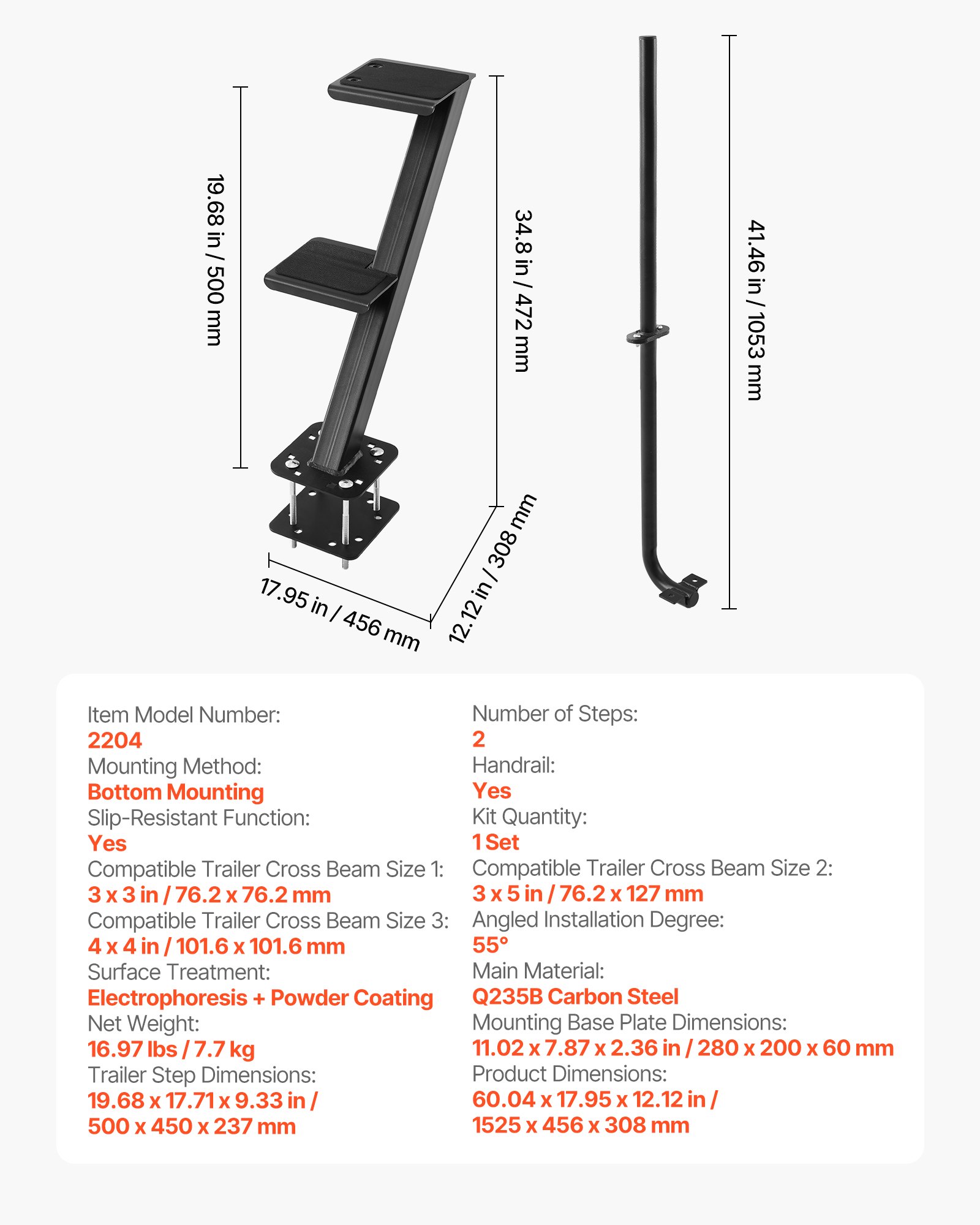 Boat Trailer Steps, 2-Step, Heavy-Duty Boat Trailer Steps With Handle, Non-Slip Surface, 3 Mounting Angle Options, Carbon Steel Ladder Suitable For 3" X 3"/3" X 5"/4" X 4" Frame, Bottom Mounting