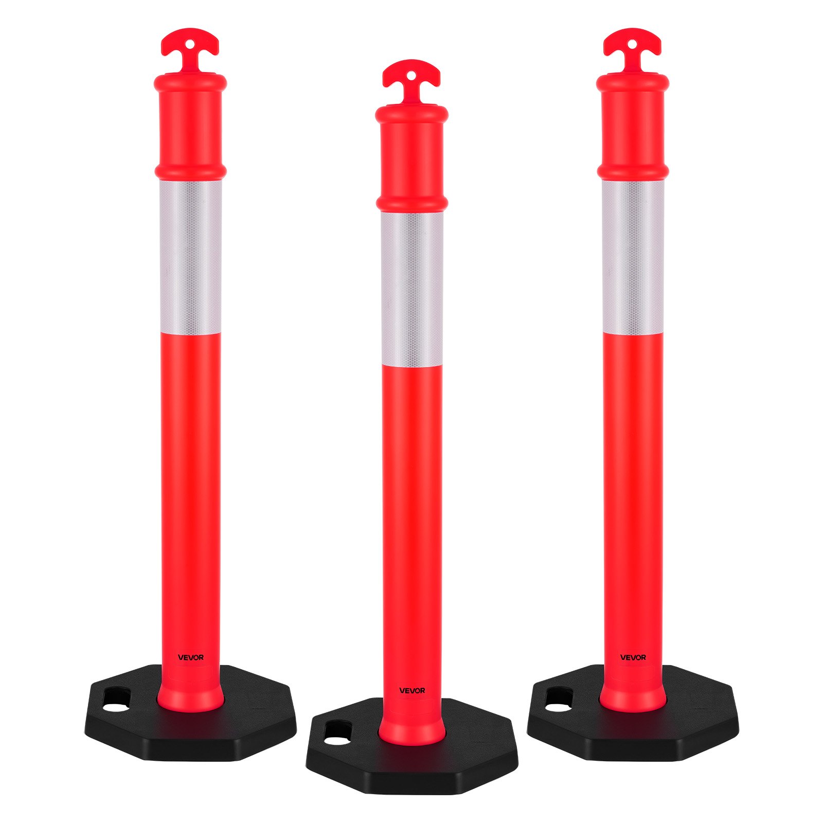 3 Pack Traffic Delineator Posts, 48 Inches Traffic Safety Cones With Weighted Base And Reflective Strips, Heavy Duty Delineator Posts For Construction Site, Parking Lot, Crowd Control, Red