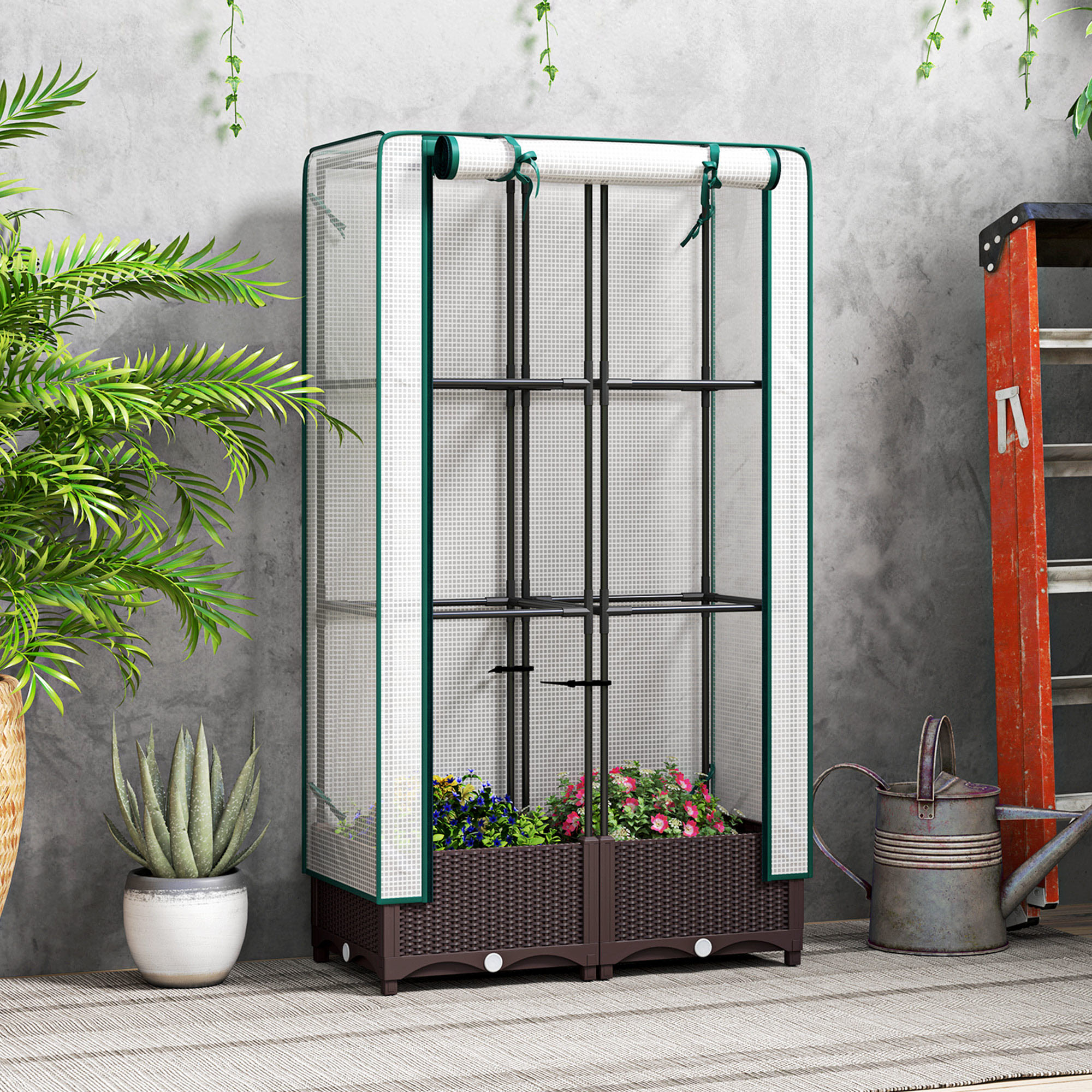 Cama de jardín con enrejado y cubierta de PE, 31.5 x 15.7 x 48.8 pulgadas, Marrón