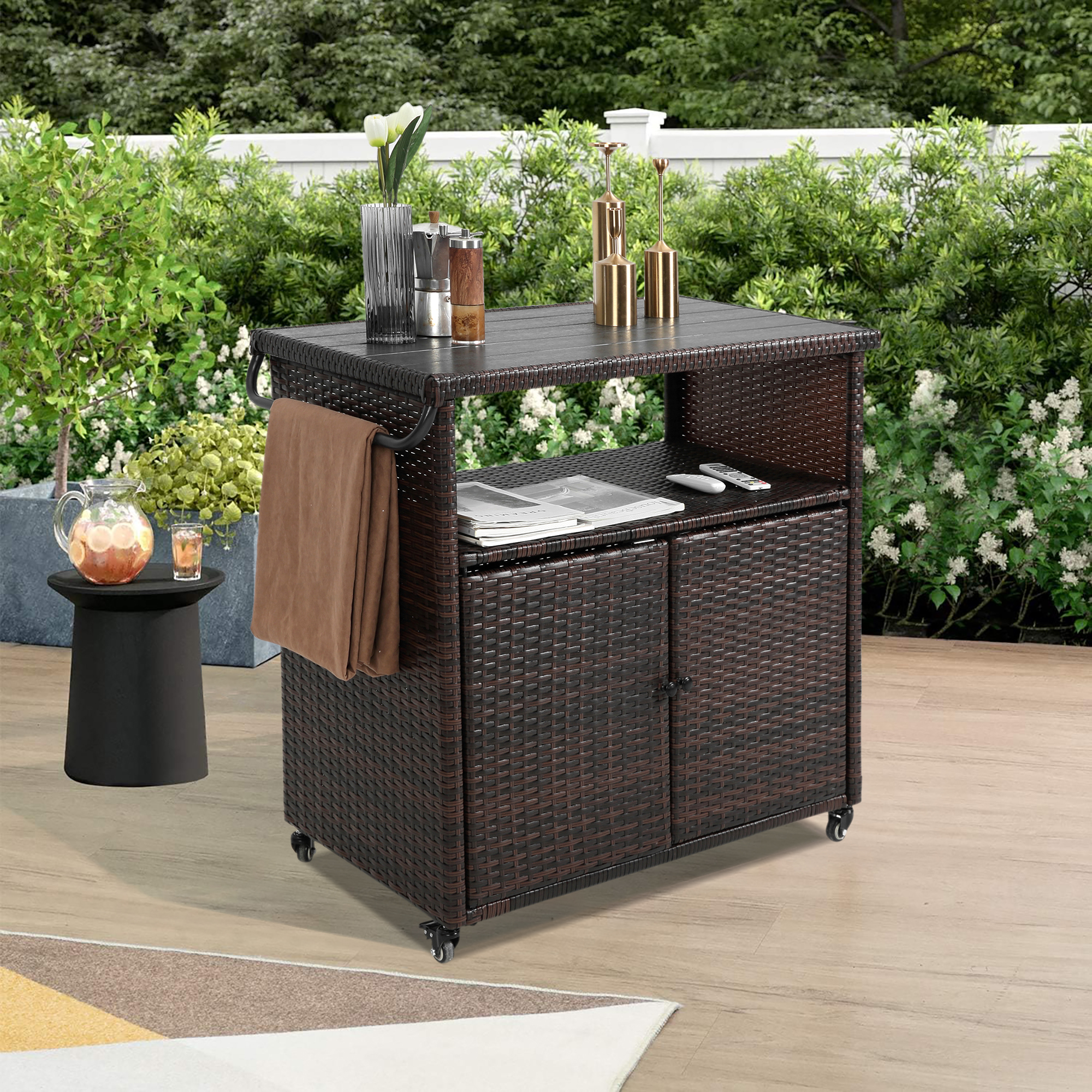 Outdoor Wicker Bar Cart, Patio Wine Serving Cart W Wheels , Rolling Rattan Beverage Bar Counter Table Plastic Wood Top For Porch Backyard Garden Poolside Party, Light Brown
