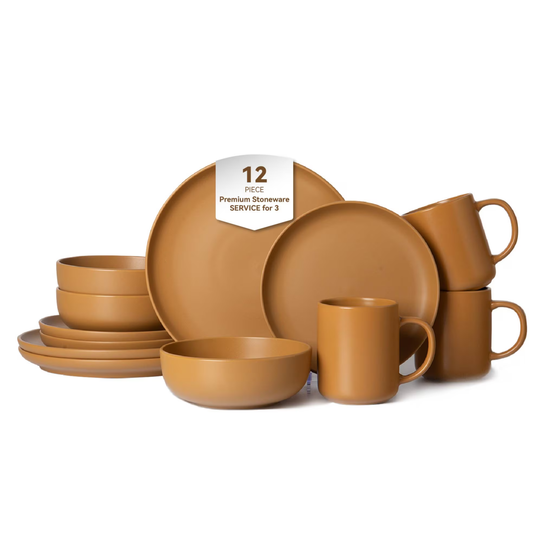Juego de vajilla de gres de 12 piezas con tazas, apto para microondas y lavavajillas.