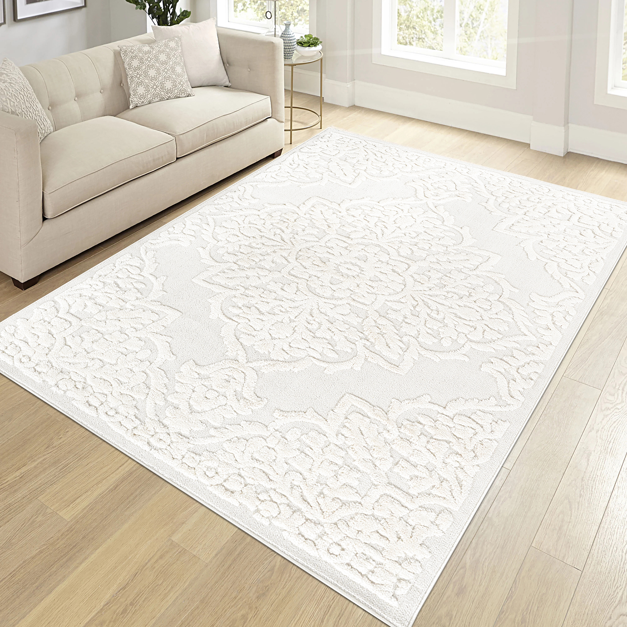 Step Collection High-Low Medallion Cream Cream Indoor Area Rug, 7'9''x10', Modern, Contemporary, Geometric, Bohemian, Bedroom, Kitchen, Living Room, Non Shedding Carpet
