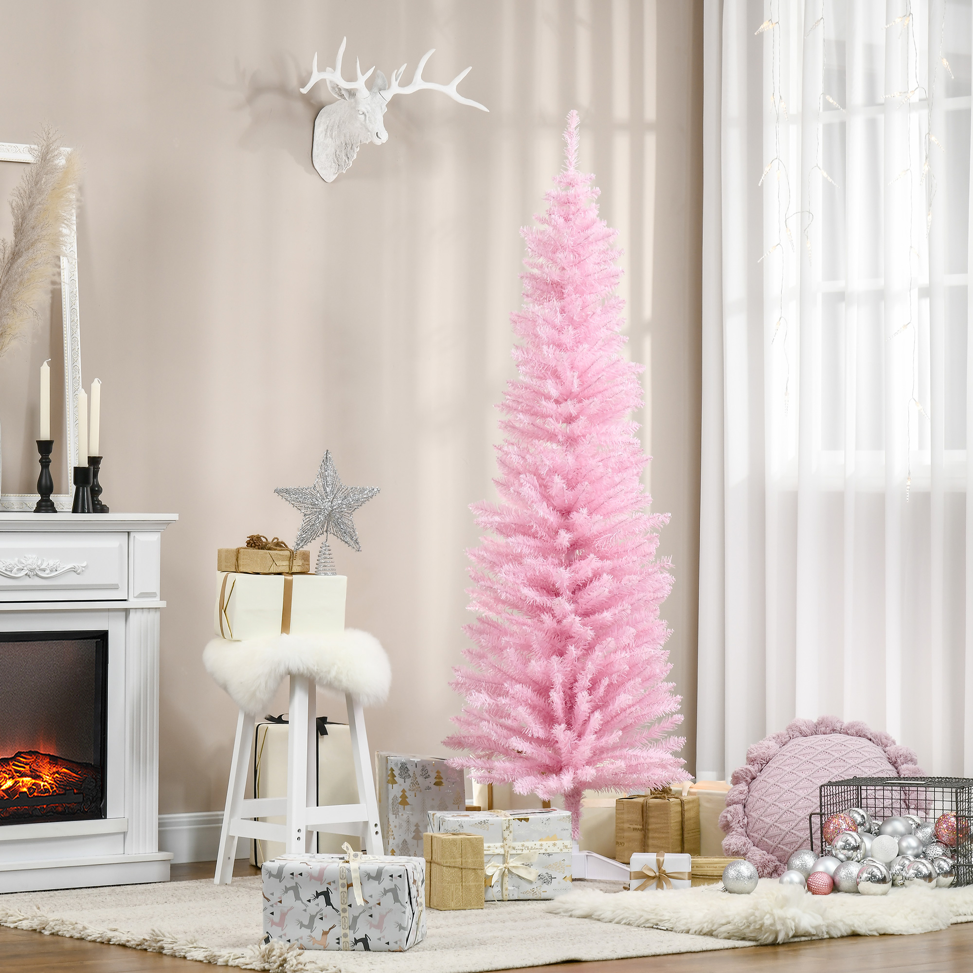 Árbol de Navidad artificial delgado de 6 pies, rosa, con base de plástico