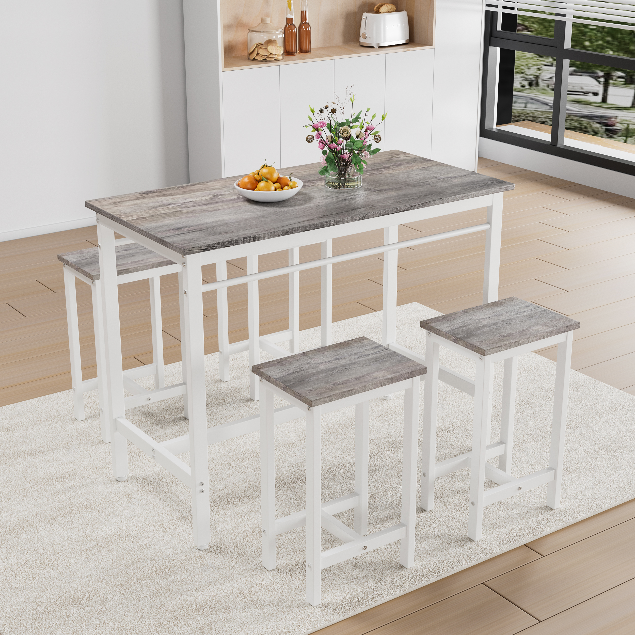 5-piece Modern Kitchen Table With Four Bar Stools Bar Table Set 5PC,metal Frame And MDF, White Oak,47.5  L X 23.7  W X 35.5  H.