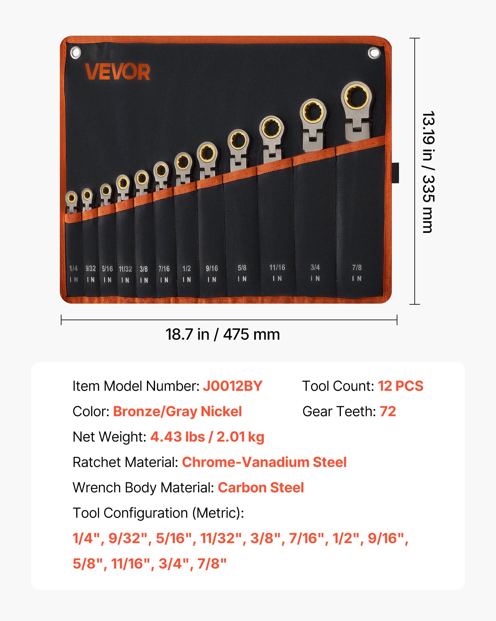 Set de llaves de trinquete de cabeza flexible, 12 piezas SAE, acero Cr-V, níquel gris