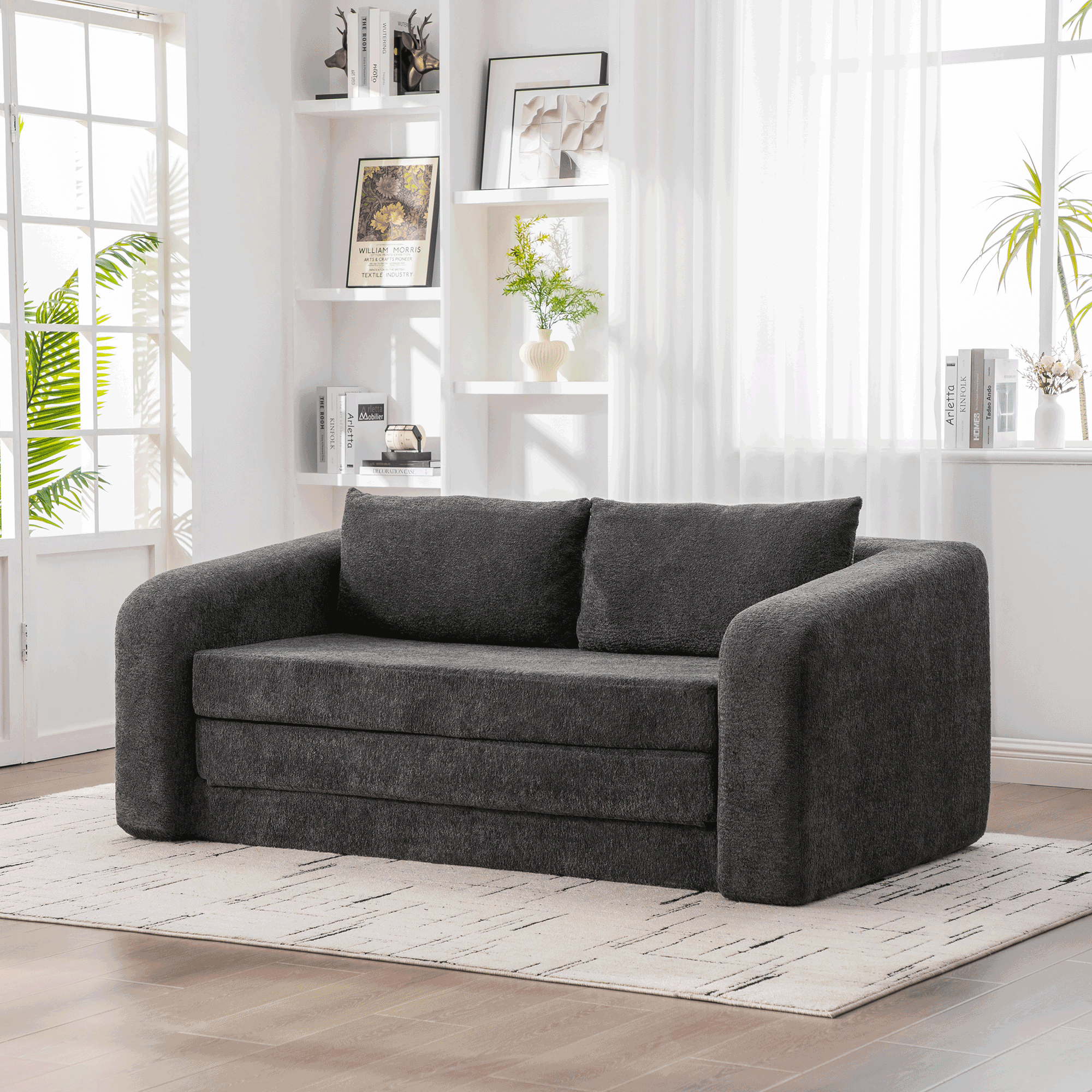 71  2-in-1 Pull Out Foldable Loveseat Sofa Bed With Armrest & Backrest Pillows, Convertible Chenille Boneless Cloud Floor Mattress Sleeper Lounge Couch For Living Room Bedroom Guestroom Dorm, Gray