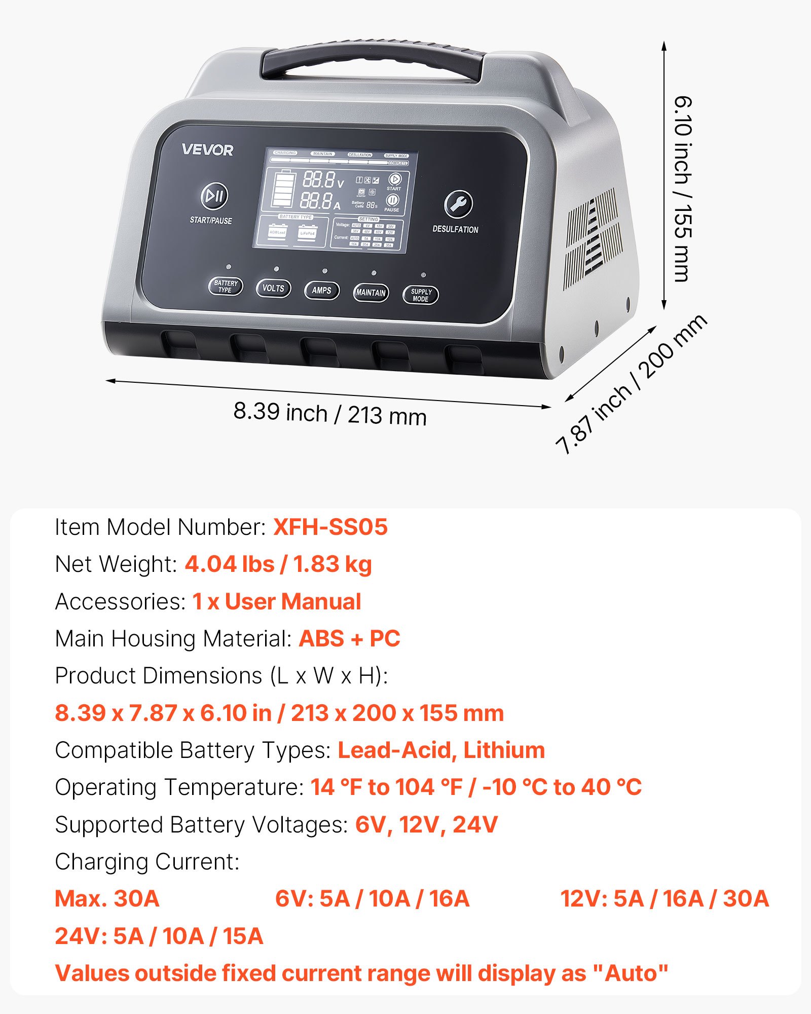 Cargador de batería inteligente 30A 6V 12V 24V LiFePO4 plomo-ácido con pantalla LCD