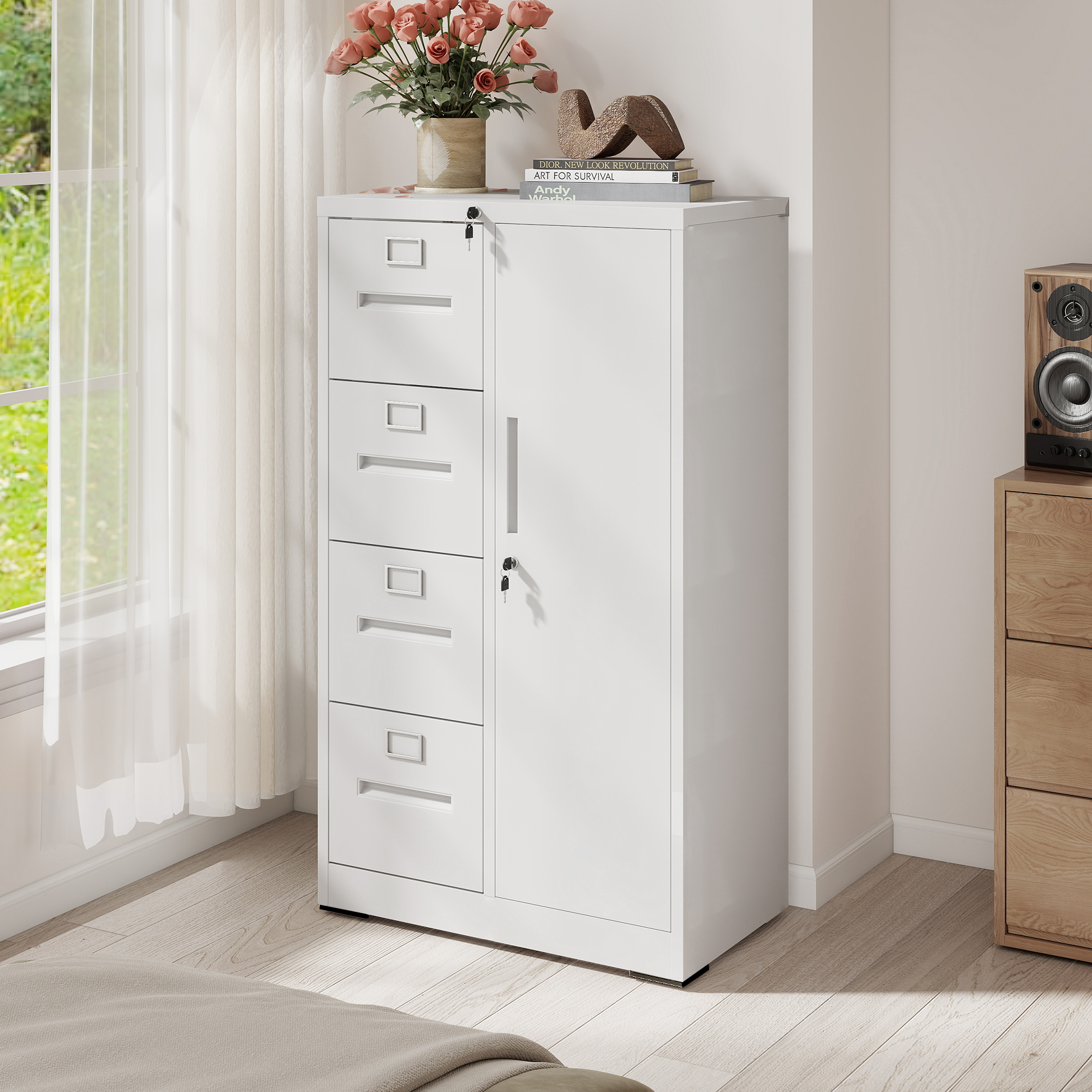 Archivador vertical de metal con cerradura, 4 cajones y 1 puerta, blanco