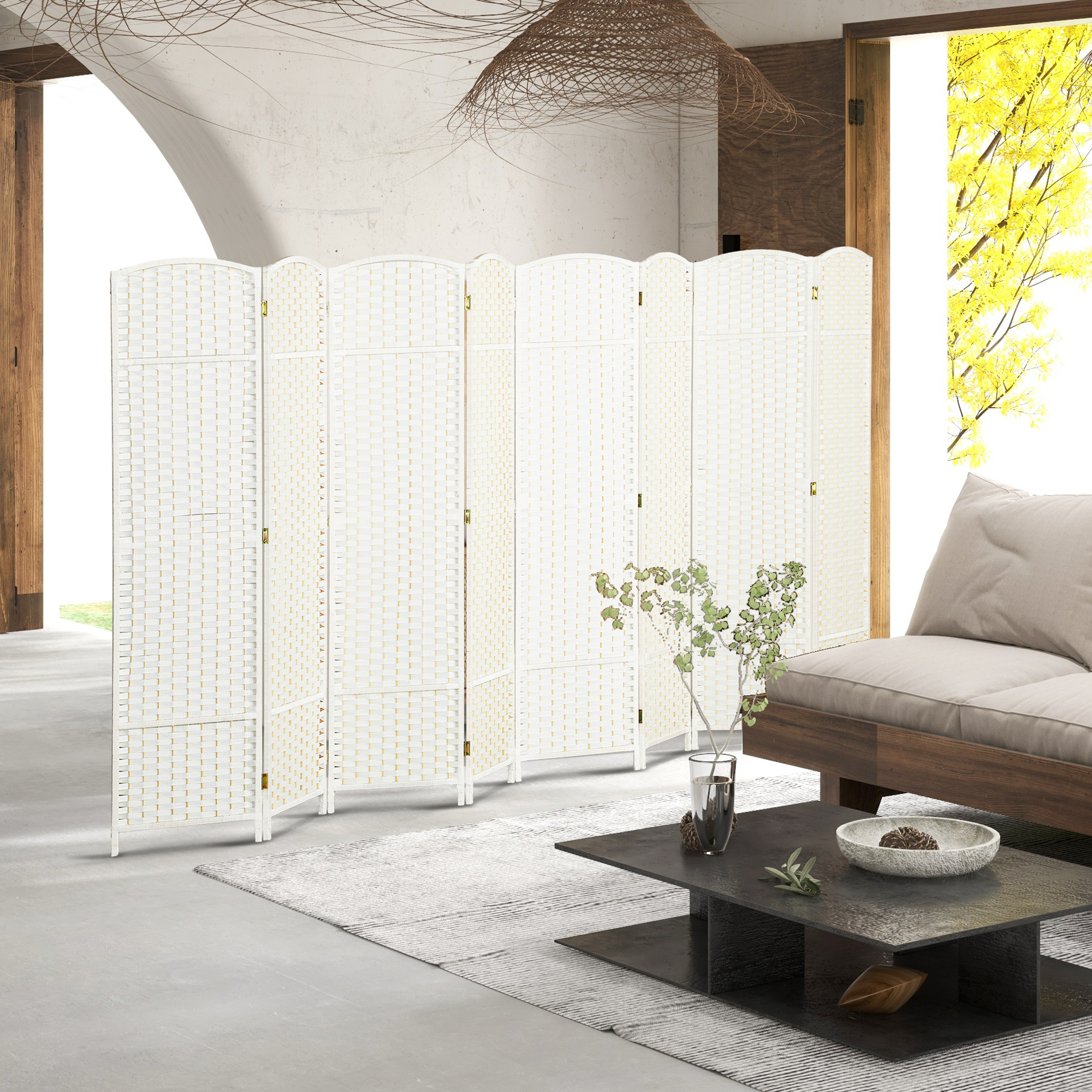 Folding Room Divider Screen 8 Panel 5.6  Tall Privacy Screen Freestanding Room Partition for Home Office, White