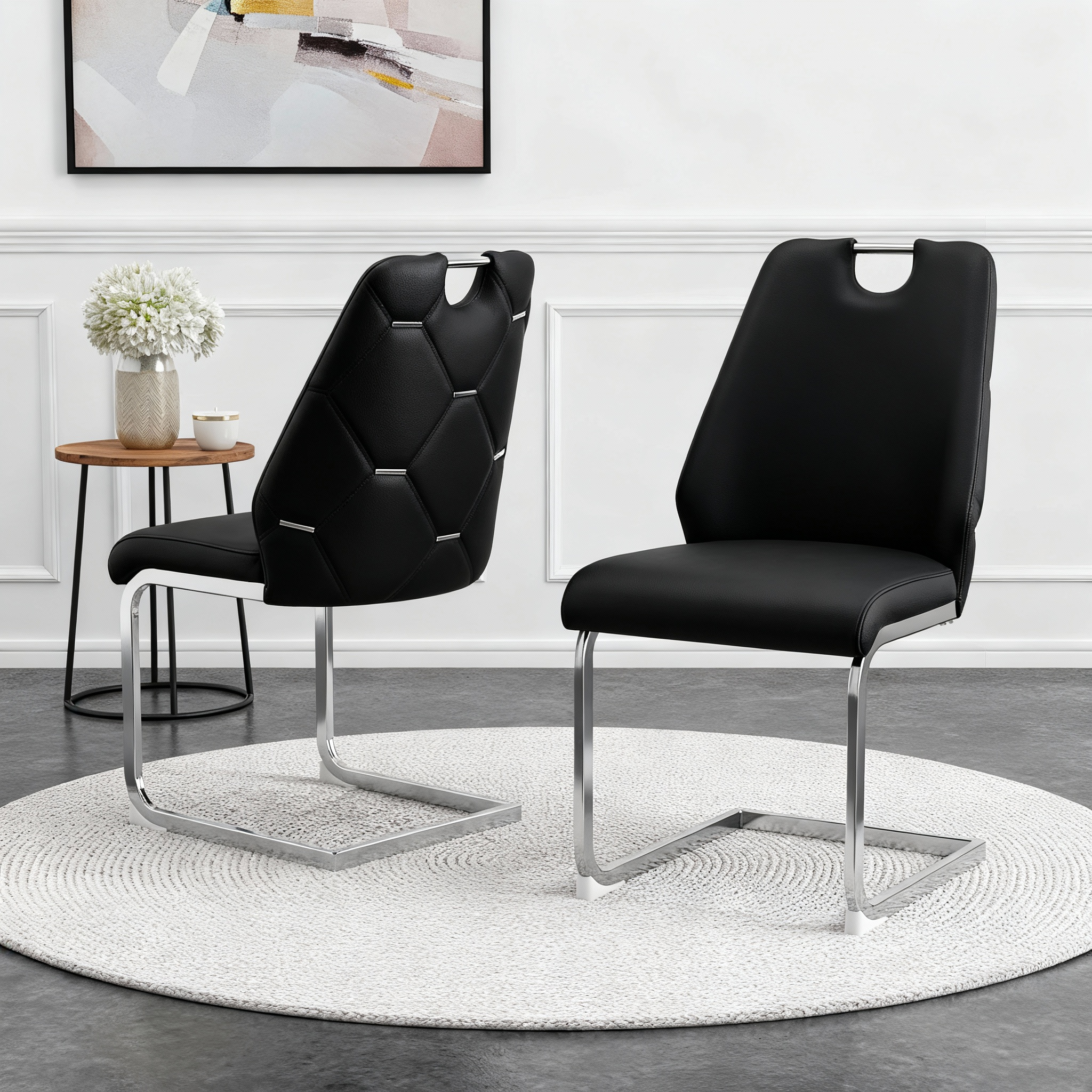 Set de 2 sillas de comedor tapizadas de piel sintética negra con respaldo alto