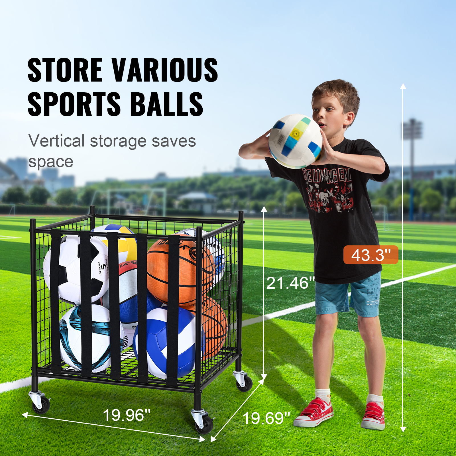 VEVOR Rolling Sports Ball Storage Cart, Lockable Basketball Cage With Elastic Straps, Sport Equipment Holder Organizer For Indoor Outdoor, Steel Storage Rack For Garages, Playgroup, Gym And Schools