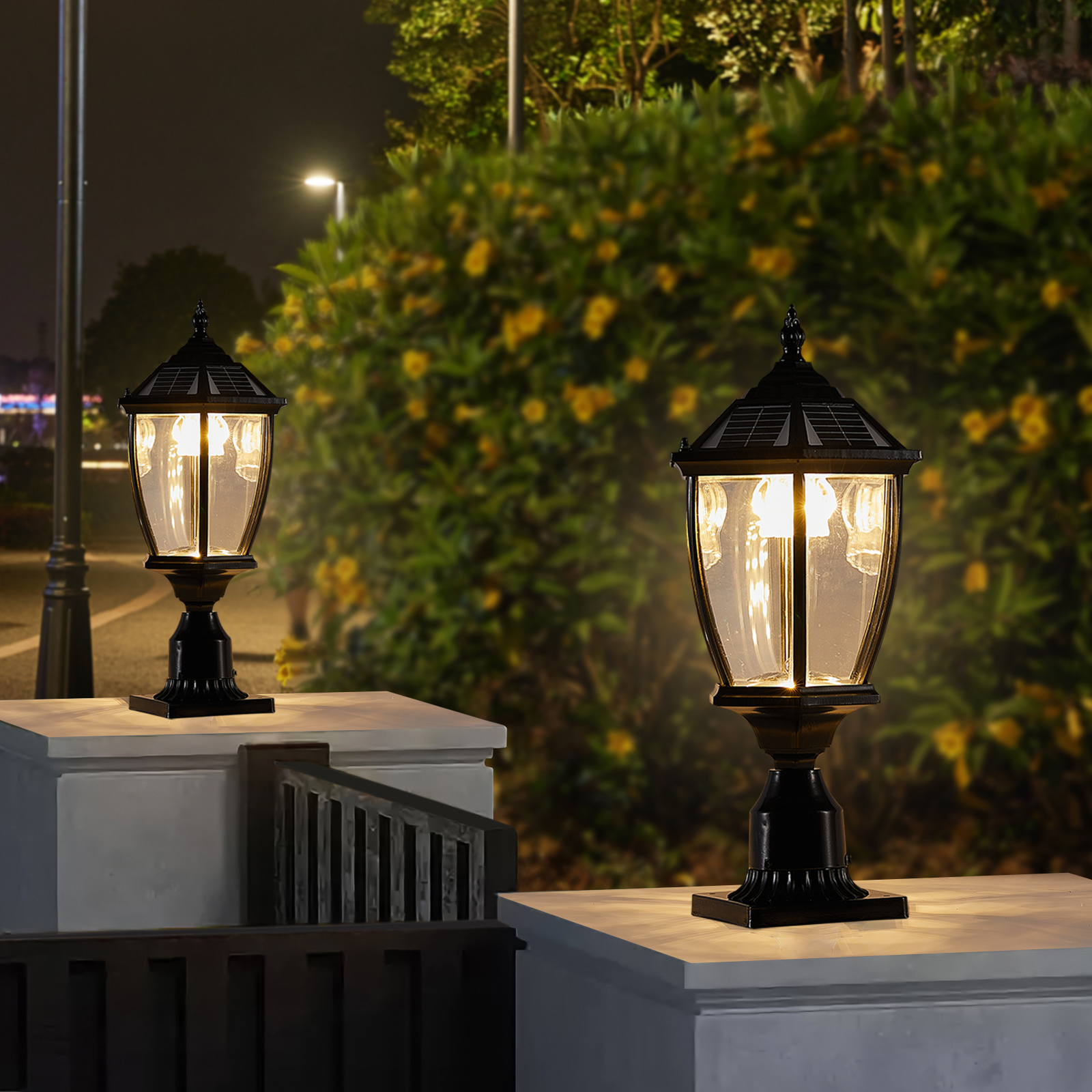 Linterna solar LED negra para exterior, vintage, diseño de vidrio, para jardín (Paquete de 2)