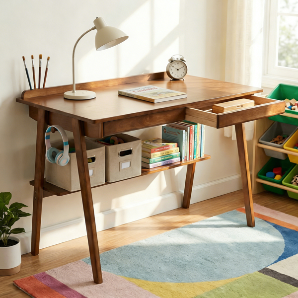 Solid Wood Writing Desk, Home Office Desk For Small Spaces, Mid Century Modern Desks With 2 Drawers & Storage Shelf, Standing Desk With Side Hooks For Study, Bedroom, Office  Walnut