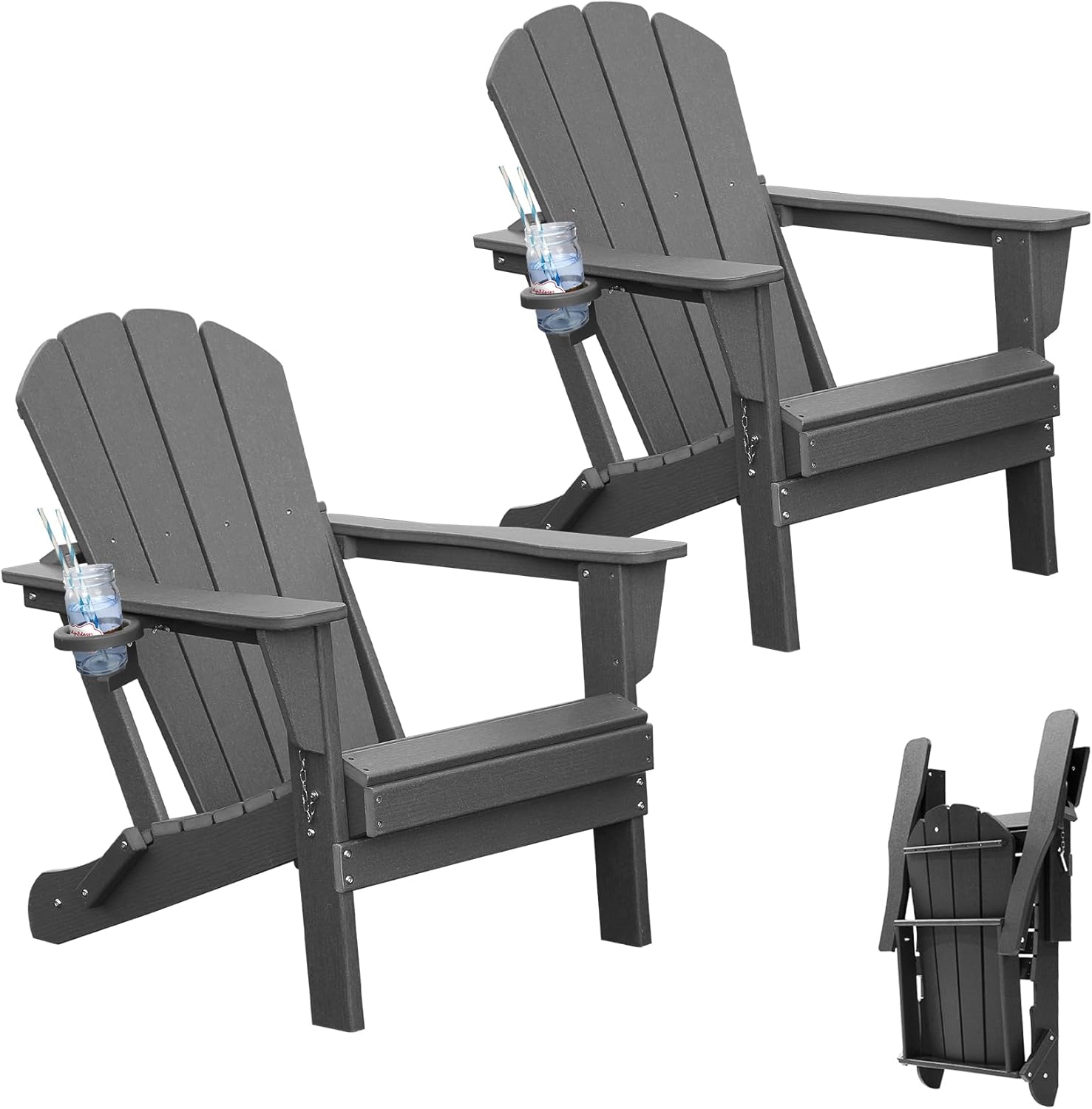 Sillas Adirondack plegables de plástico con portavasos, para exterior, juego de 2 - Gris