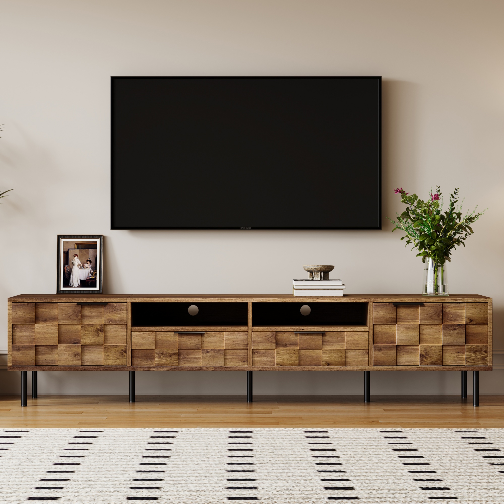 Mueble de TV estilo Mid Century con 2 cajones para televisores de hasta 85 pulgadas