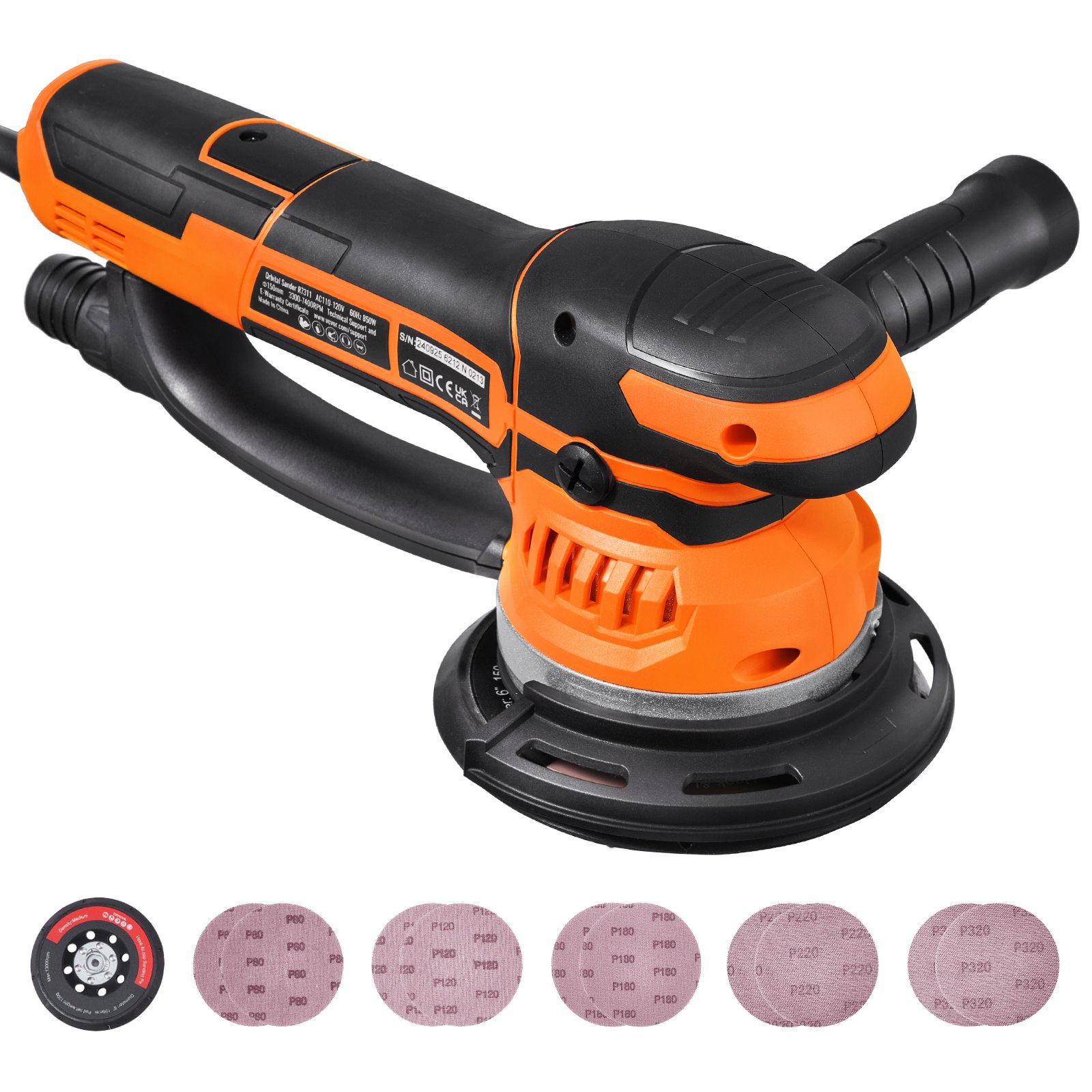 Random Orbital Sander, 6-Inch DA & GA Dual Action Orbital Sander, 850W 7400PRM 6 Variable Speed Electric Palm Sander With 10PCS Sandpapers, Dust Connector For Woodworking Detailing Sanding