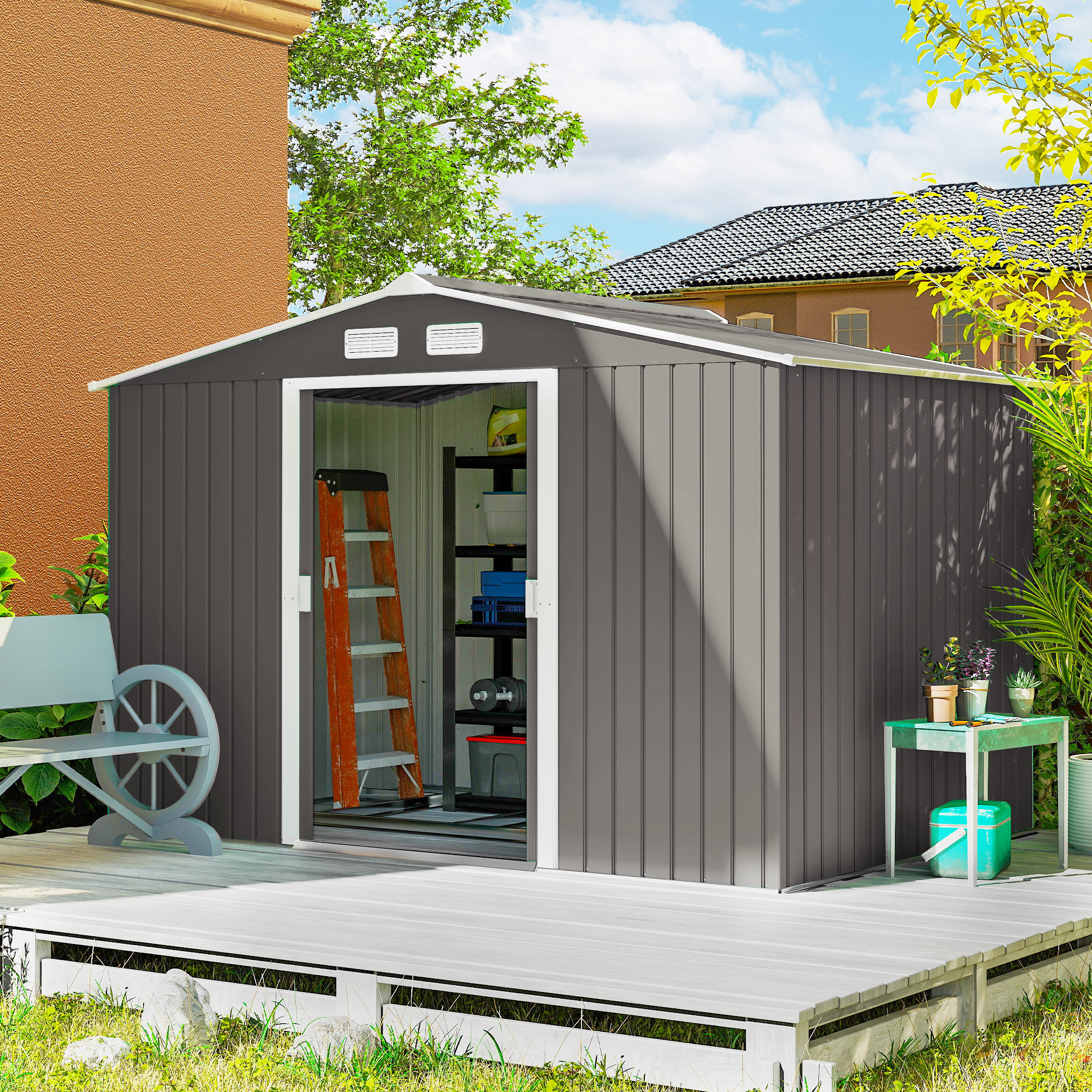 9 x 6 Outdoor Storage Shed, Garden Tool Metal Shed with Foundation Kit, Light Gray