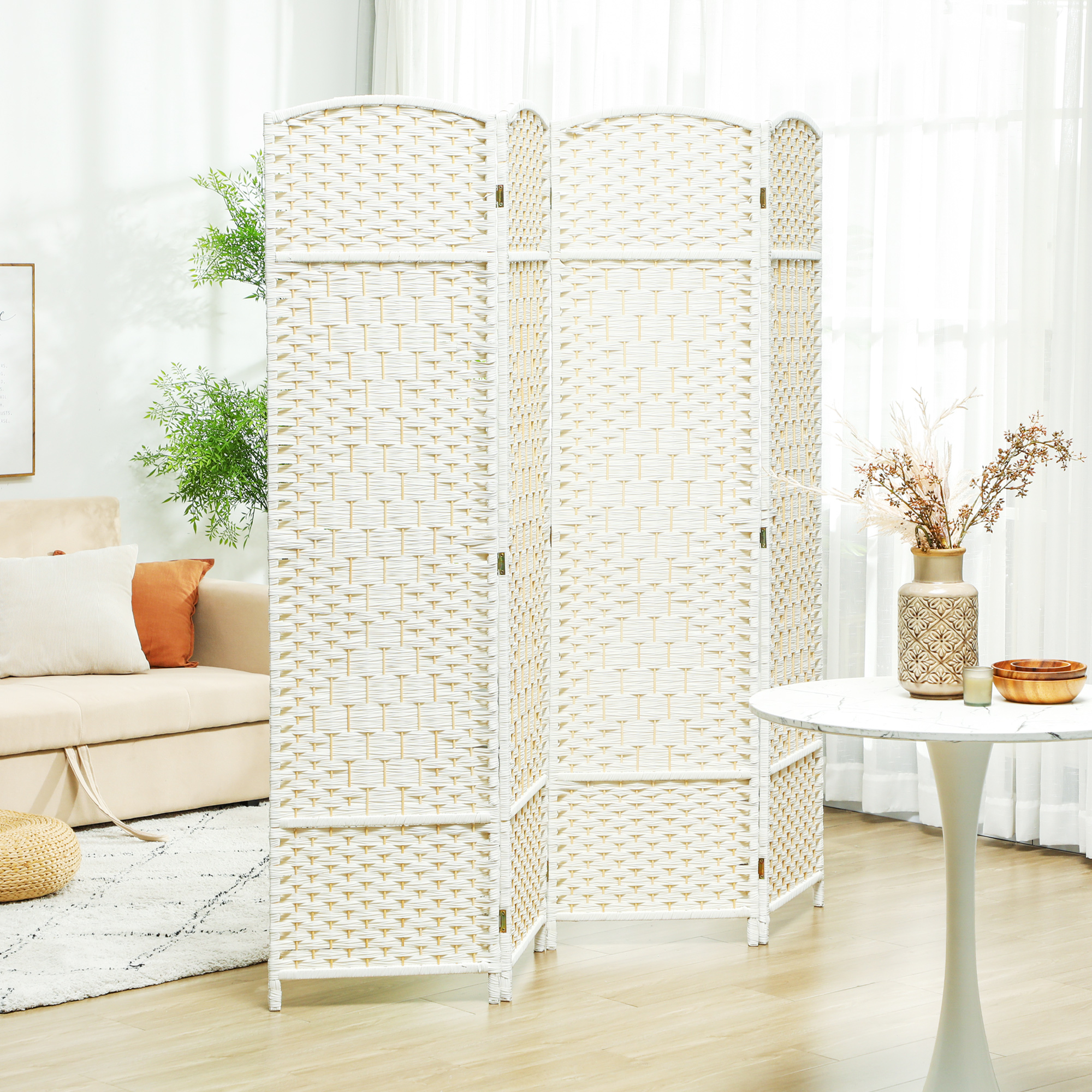 Folding Room Divider Screen 4 Panel 6 Tall Privacy Screen Freestanding Wood Partition for Home Office, White