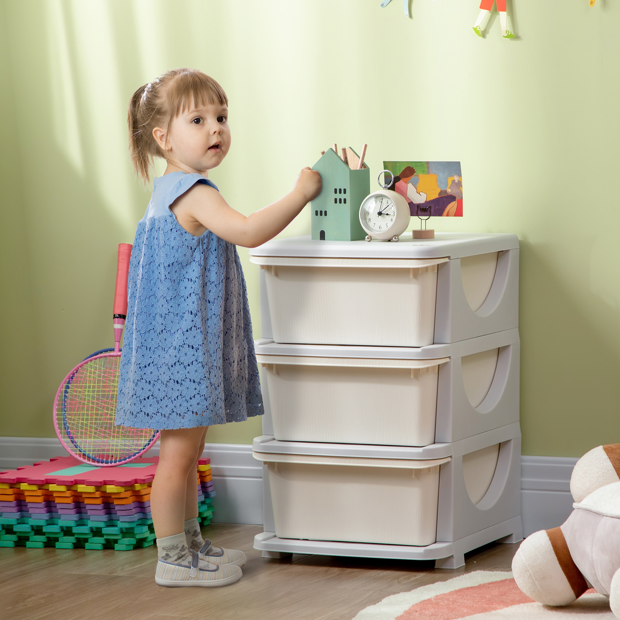 Unidad de almacenamiento para niños, 3 niveles, con cómoda de 3 cajones, blanco crema