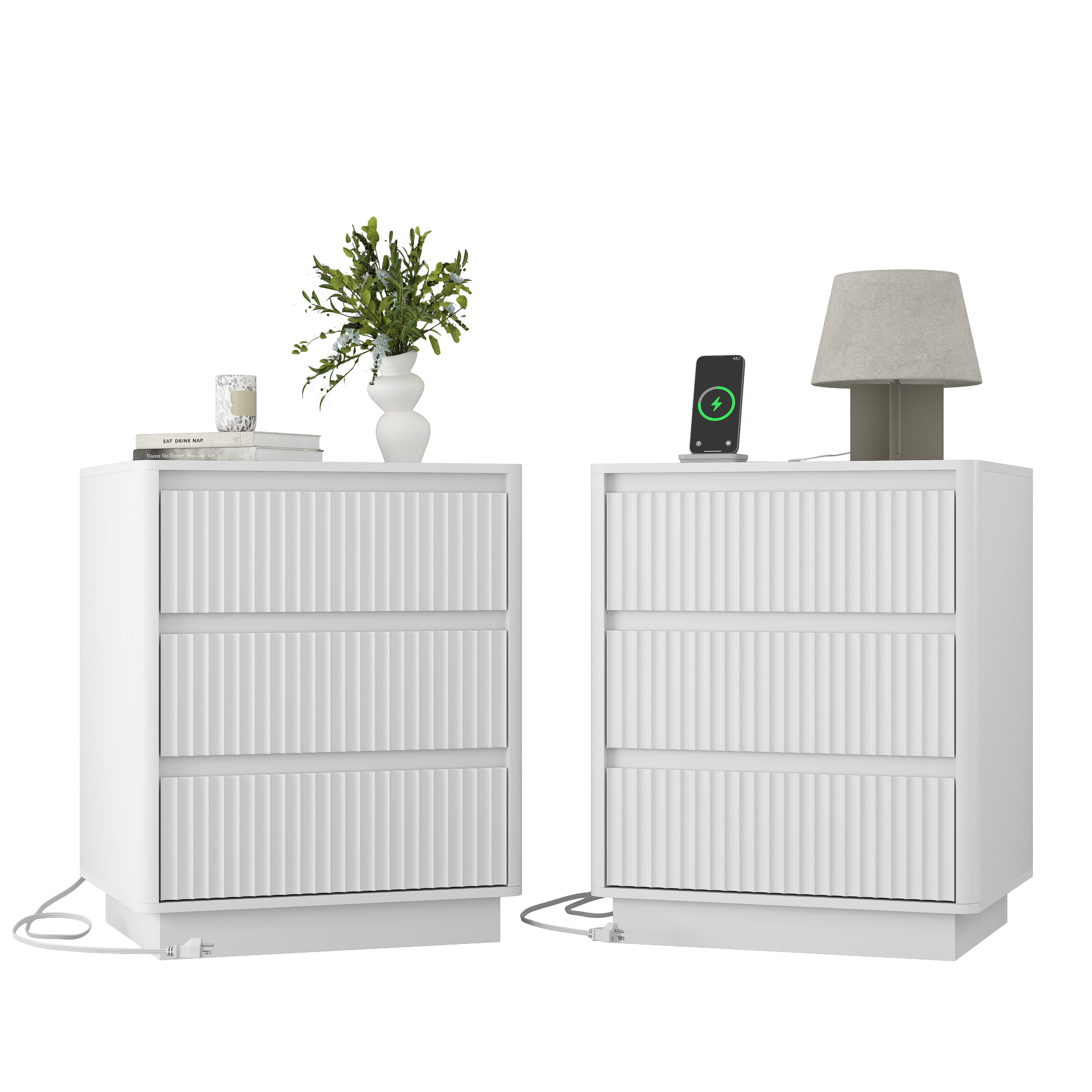 Set Of 2 End Table With Fast USB C Charging Station, Sofa Side Table With 3Drawers, Large Storage Modern Wood Storage Cabinet For Living Room,Bedroom,Office, White