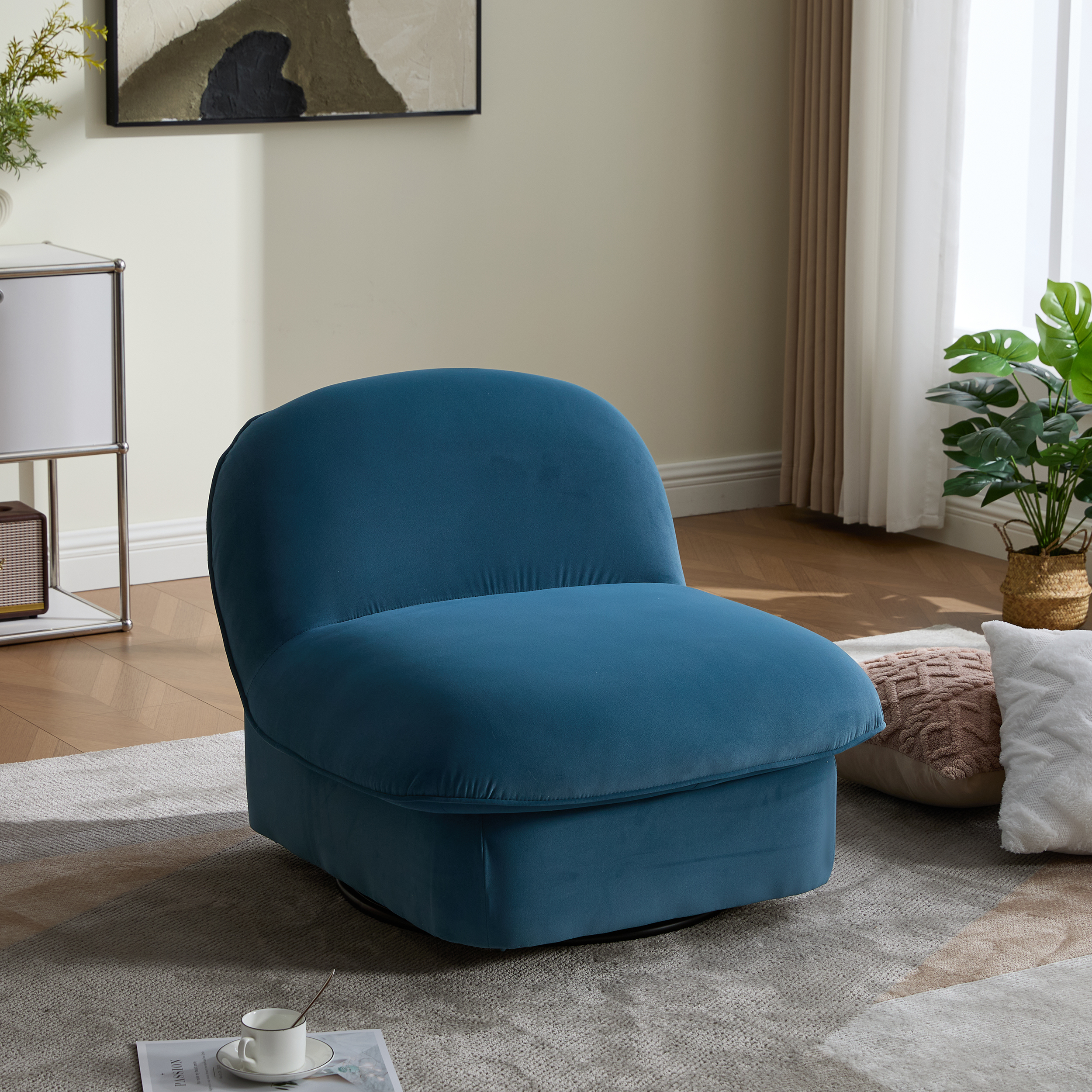 Sillón giratorio con base de metal 360 y tapicería de terciopelo, forma de calabaza