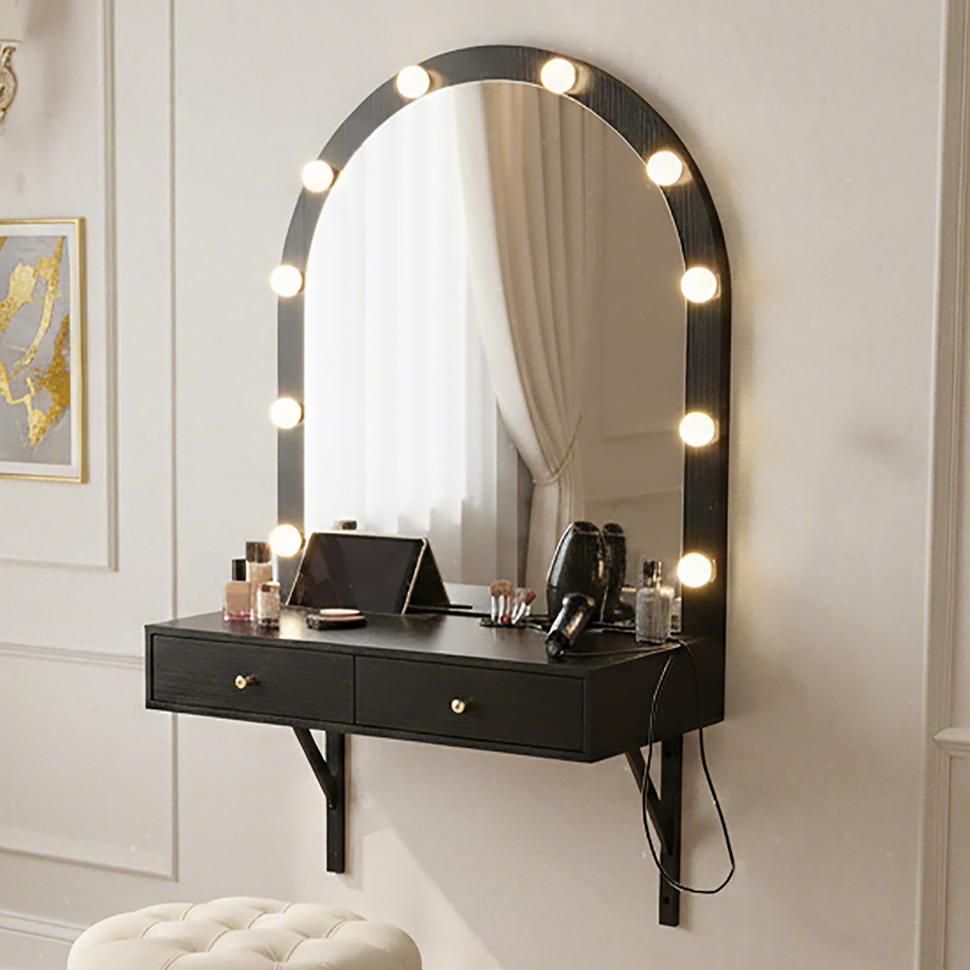 Tocador flotante de pared con espejo LED de 3 colores, toma de corriente y USB.