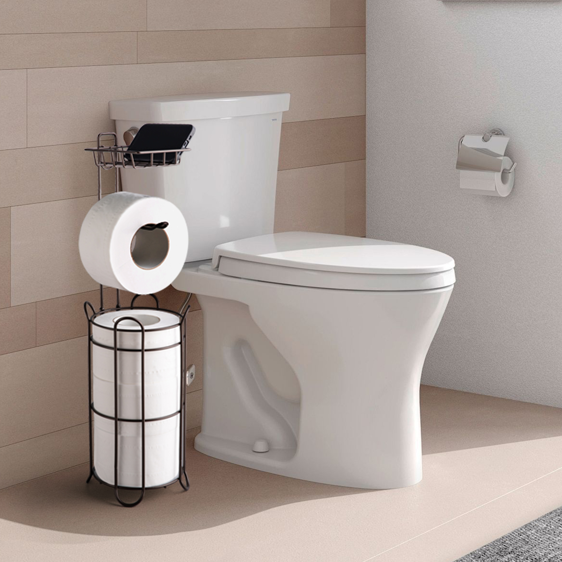 Soporte para papel higiénico con estante, para baño, rollos grandes, marrón