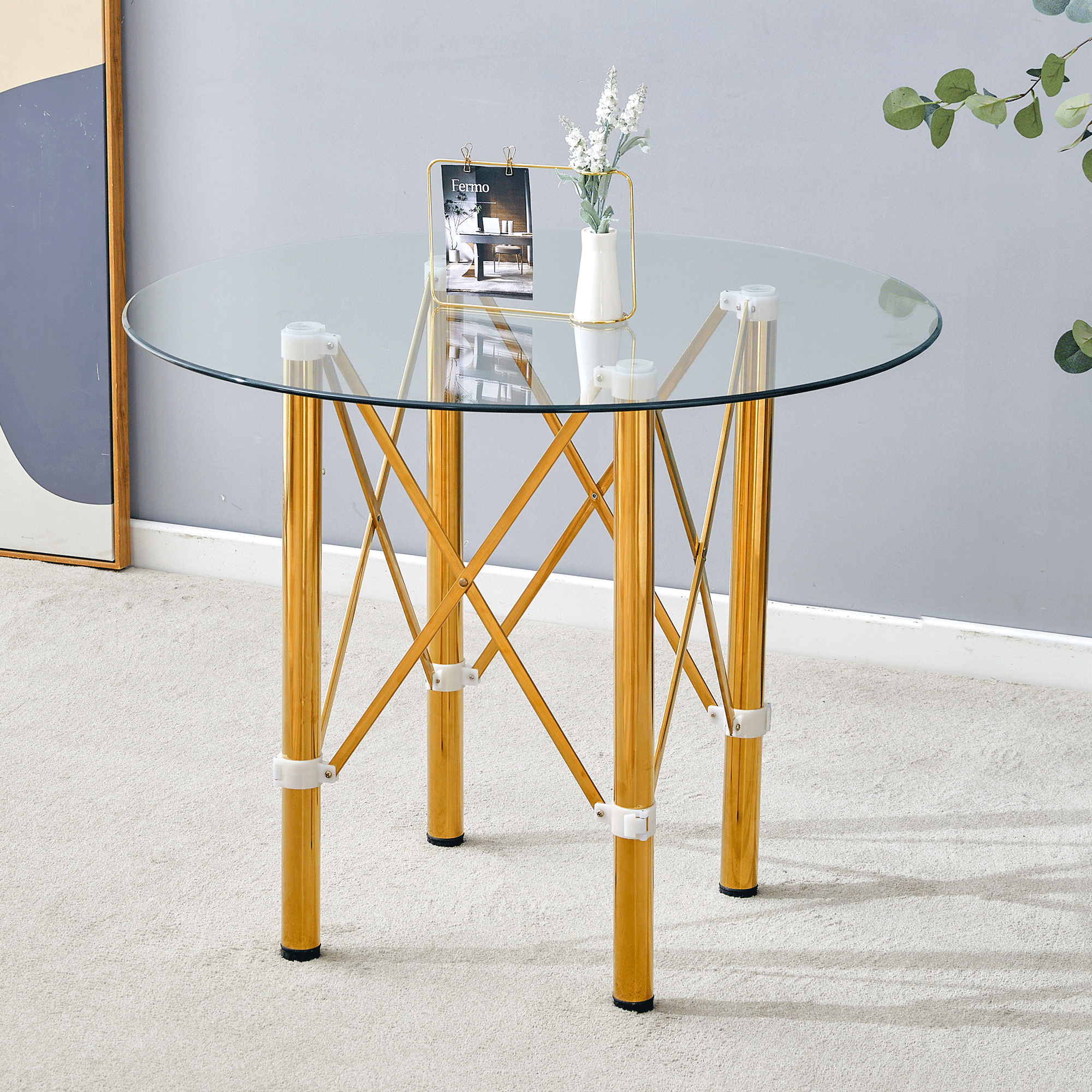 Elegant Transparent Round Glass Table -36 Inch Diameter Transparent Round Tempered Glass With Golden Metal Legs. Telescopic Metal Legs,Transparent Circular Glass Tabletop, Suction Cup Connection.