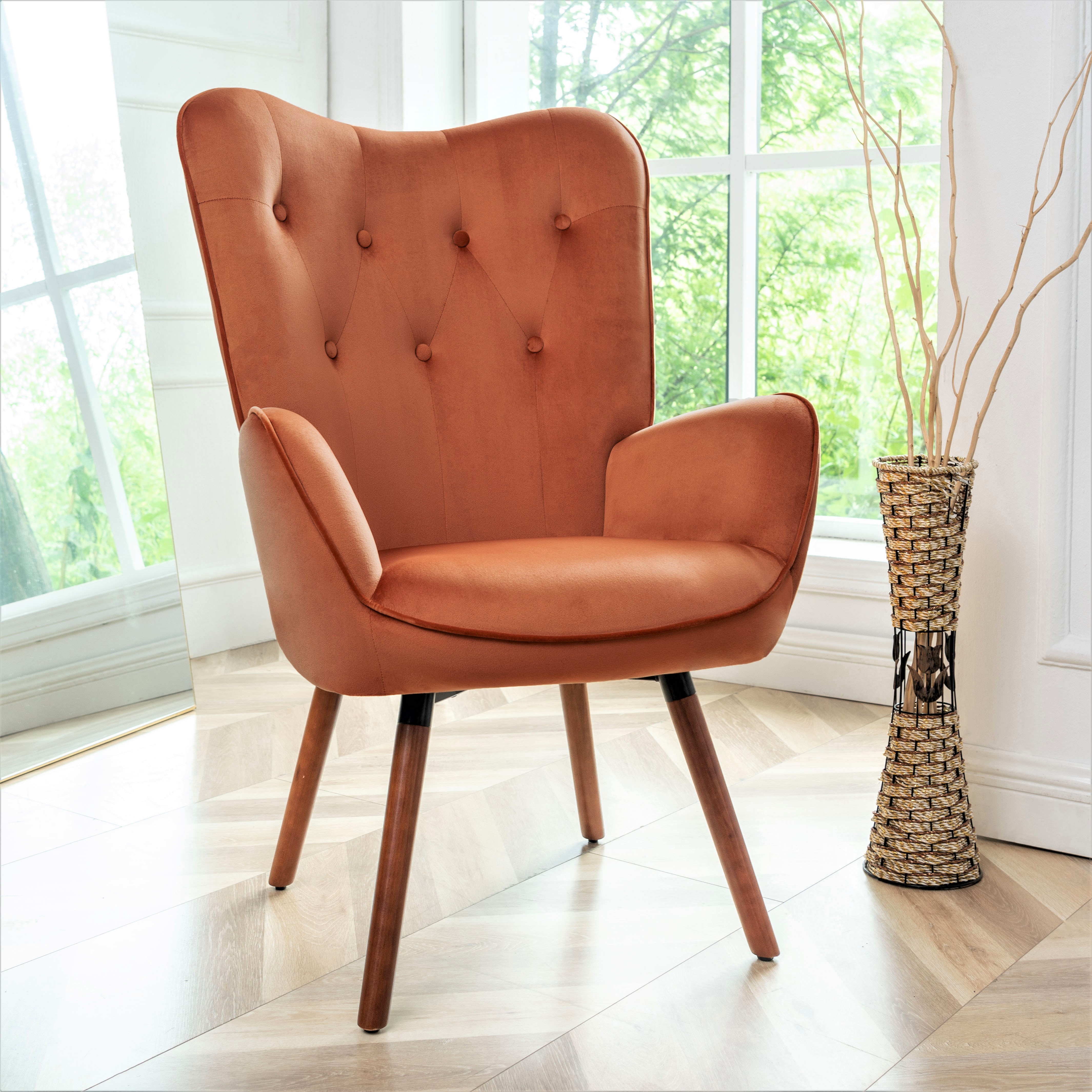 Mid-Century Modern Wingback Accent Chair, Button-Tufted Polyester Fabric Armchair With Solid Wood Splayed Legs For Living Room Bedroom Home Office