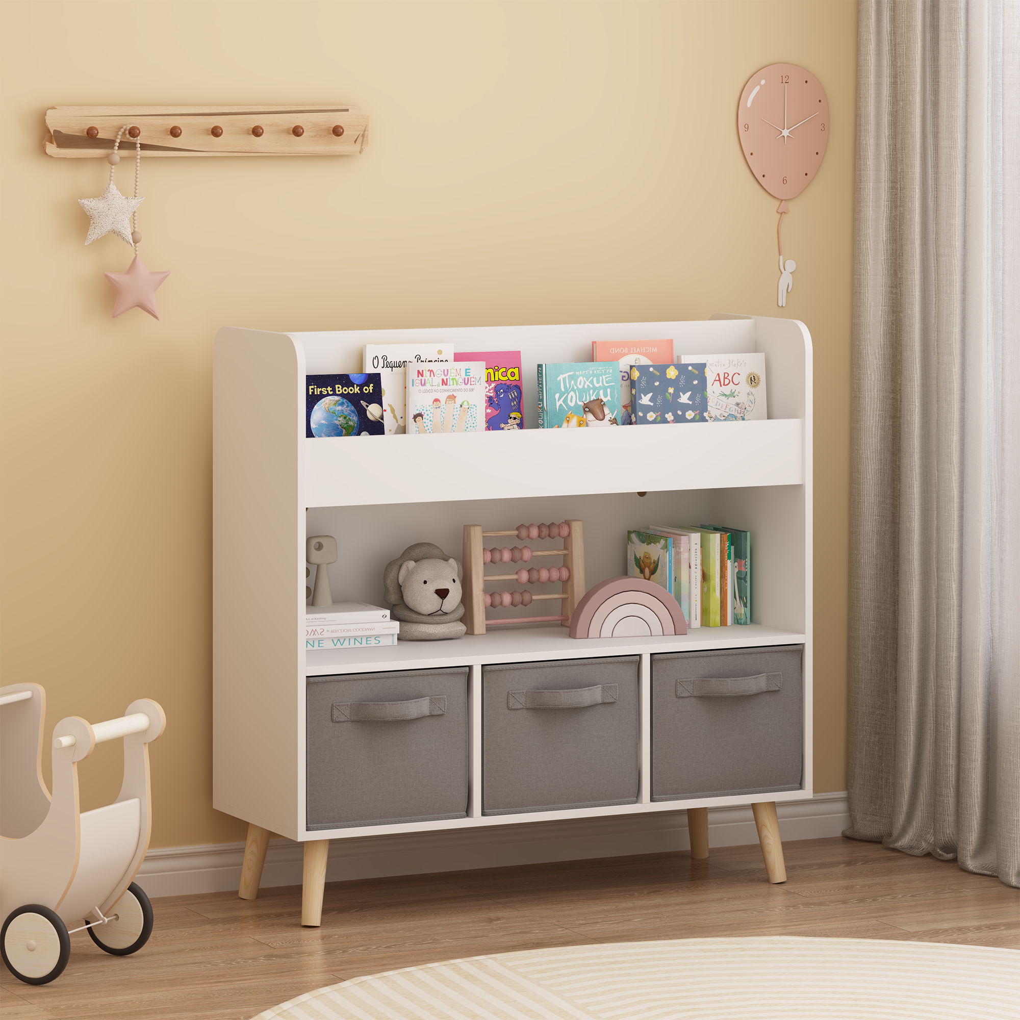 Estantería moderna para niños con 3 cestas de tela, blanca y gris