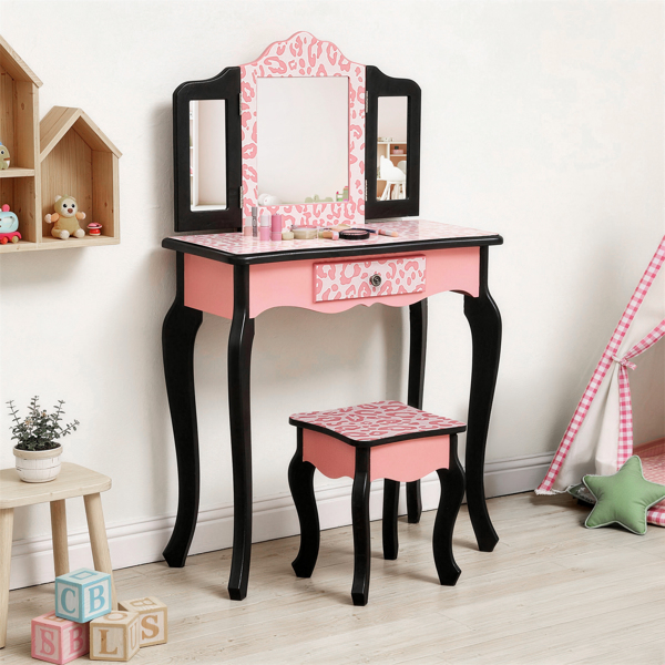 Cómoda infantil con espejo triple, un cajón, estampado leopardo rojo