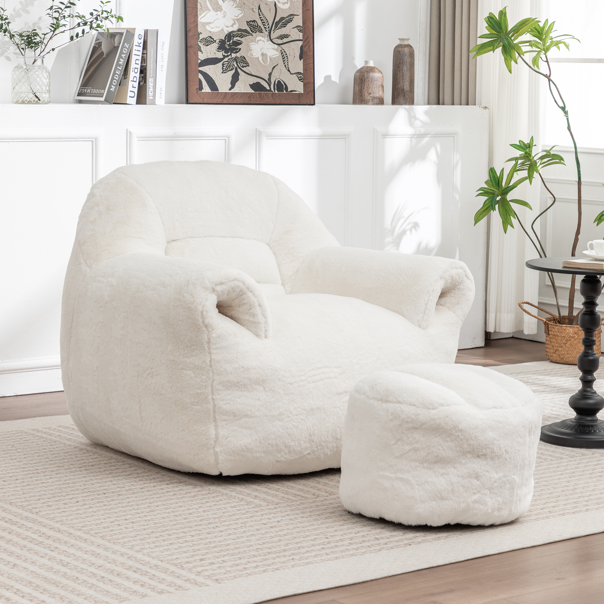 Puf sillón de piel sintética con respaldo y reposapiés, cómodo para adultos y niños, blanco.