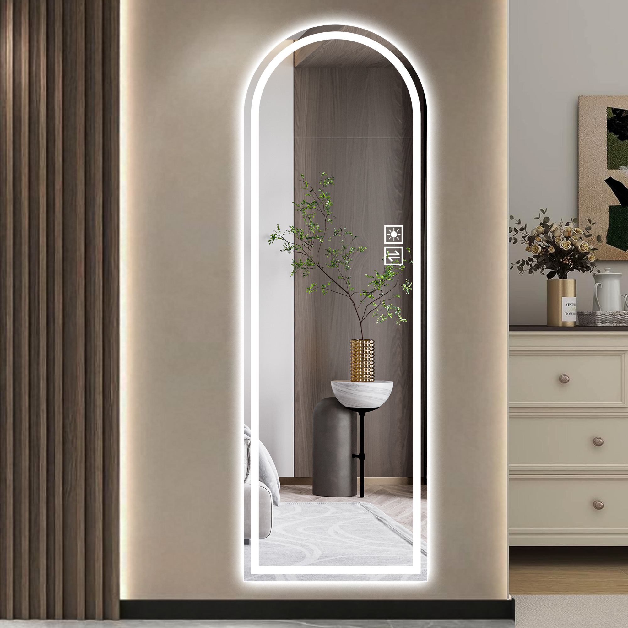 Espejo de cuerpo entero arqueado 65 x 21 con LED frontal, regulable, de pared