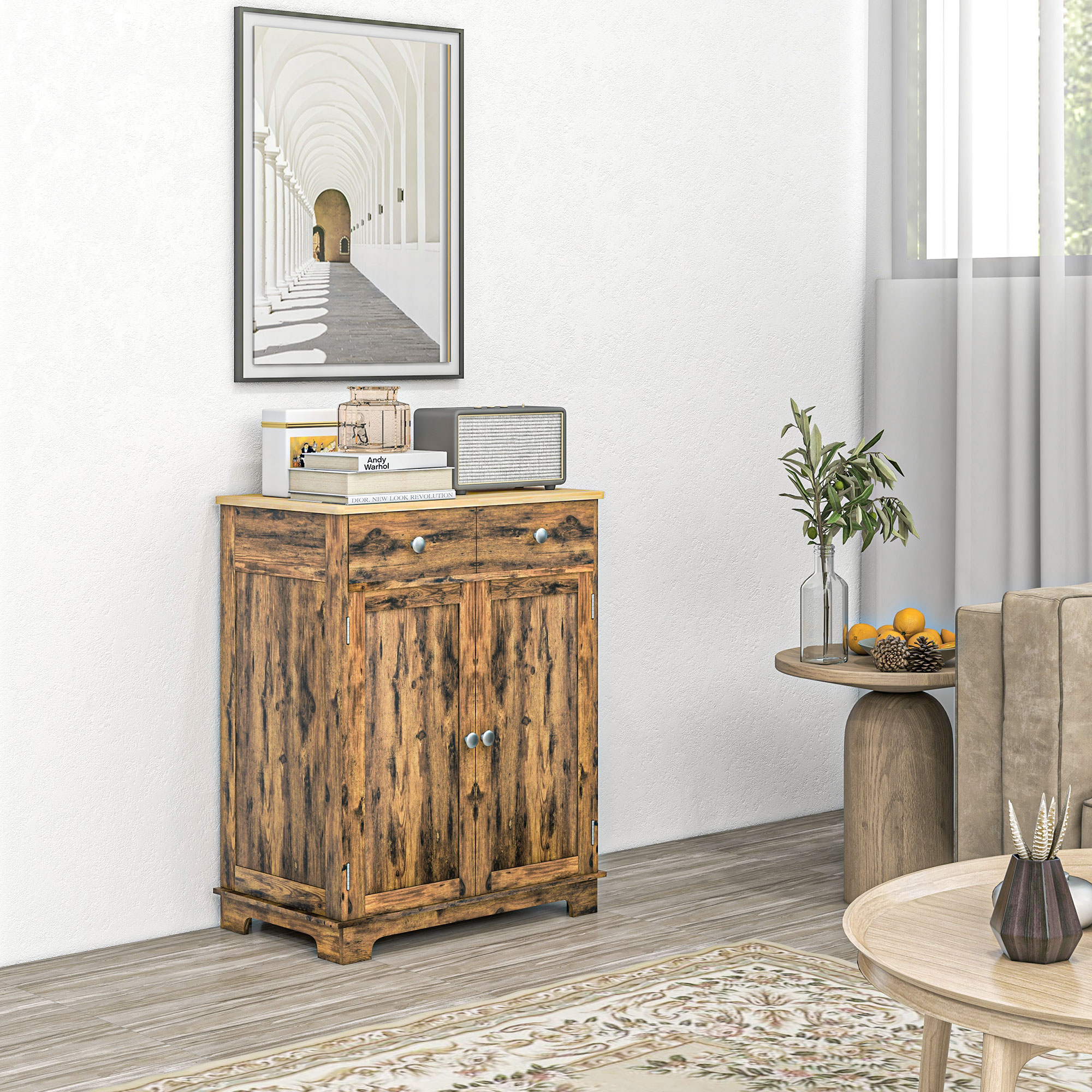 Gabinete de almacenamiento para cocina, aparador con tapa de madera, 2 cajones, marrón