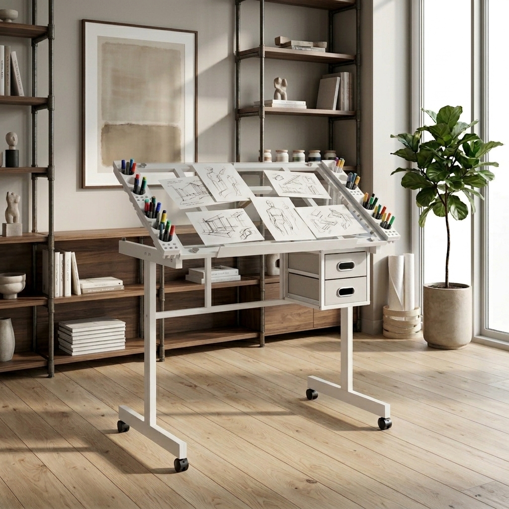 Adjustable Art Drawing Desk Craft Station Drafting   With 2  Fabric  Drawers And 4 Wheels  White