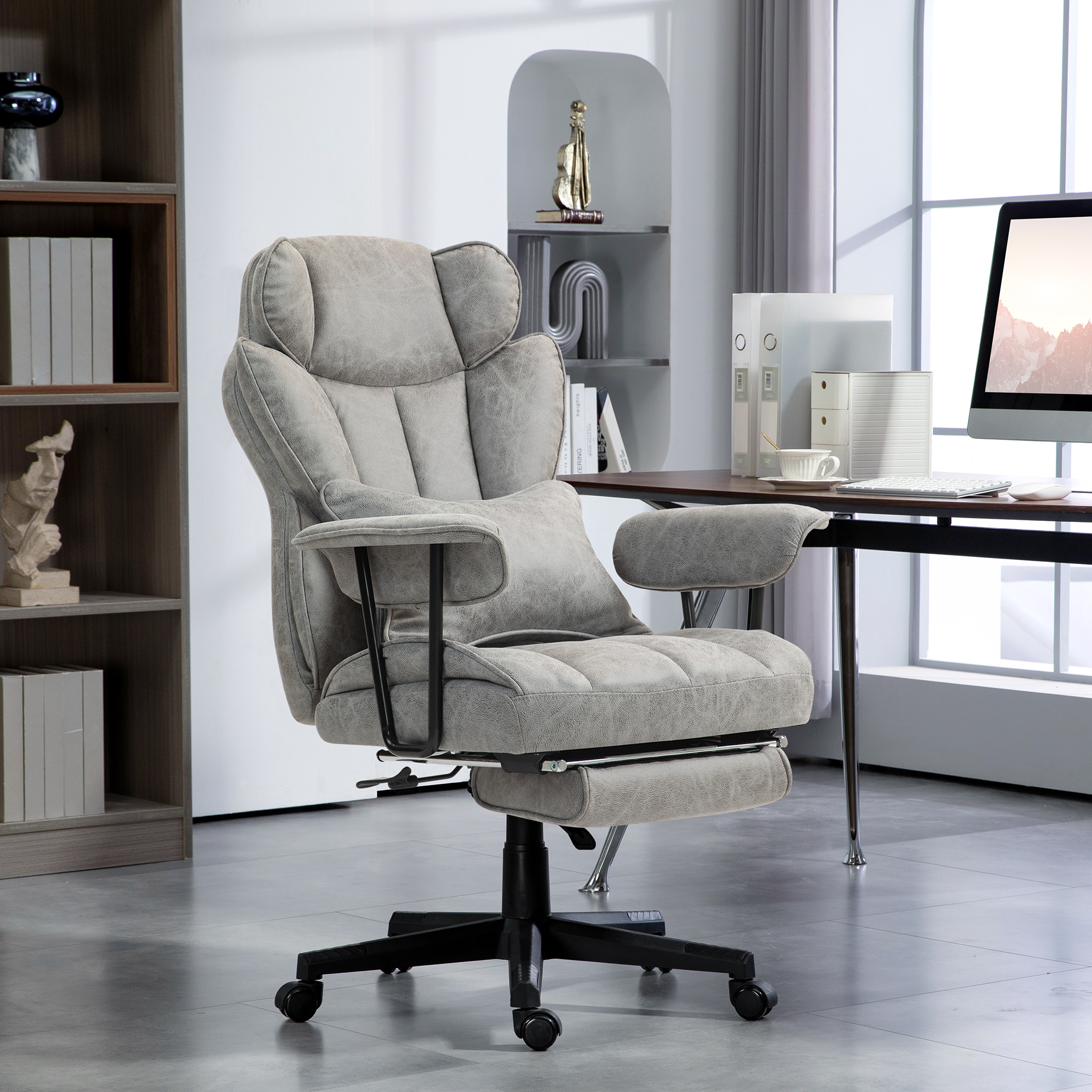 Silla de oficina grande y alta, 400 libras, con masaje, reposapiés y reclinable, gris.