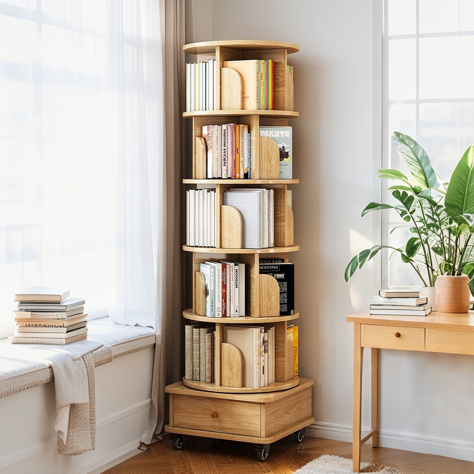 6 Tier Rotating Bookshelf,   Display Round Spinning Bookshelf With Wheels And Drawer, Space-Saving, Small Space Rotating Bookshelf Tower For Bedroom, Living Room, Home, Office, Wood Color