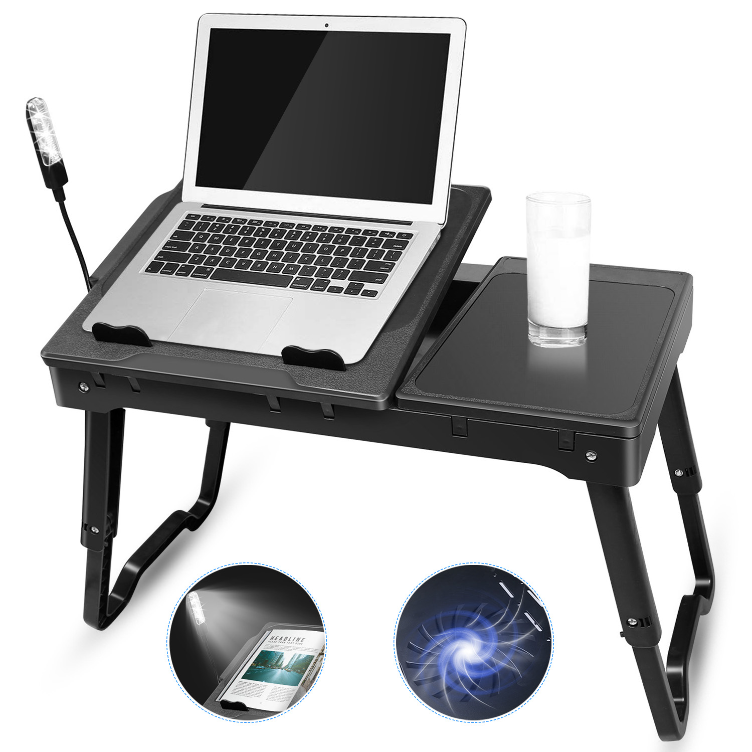 Mesa plegable para laptop con ventilador, luz LED, 4 puertos USB y bandeja para mouse