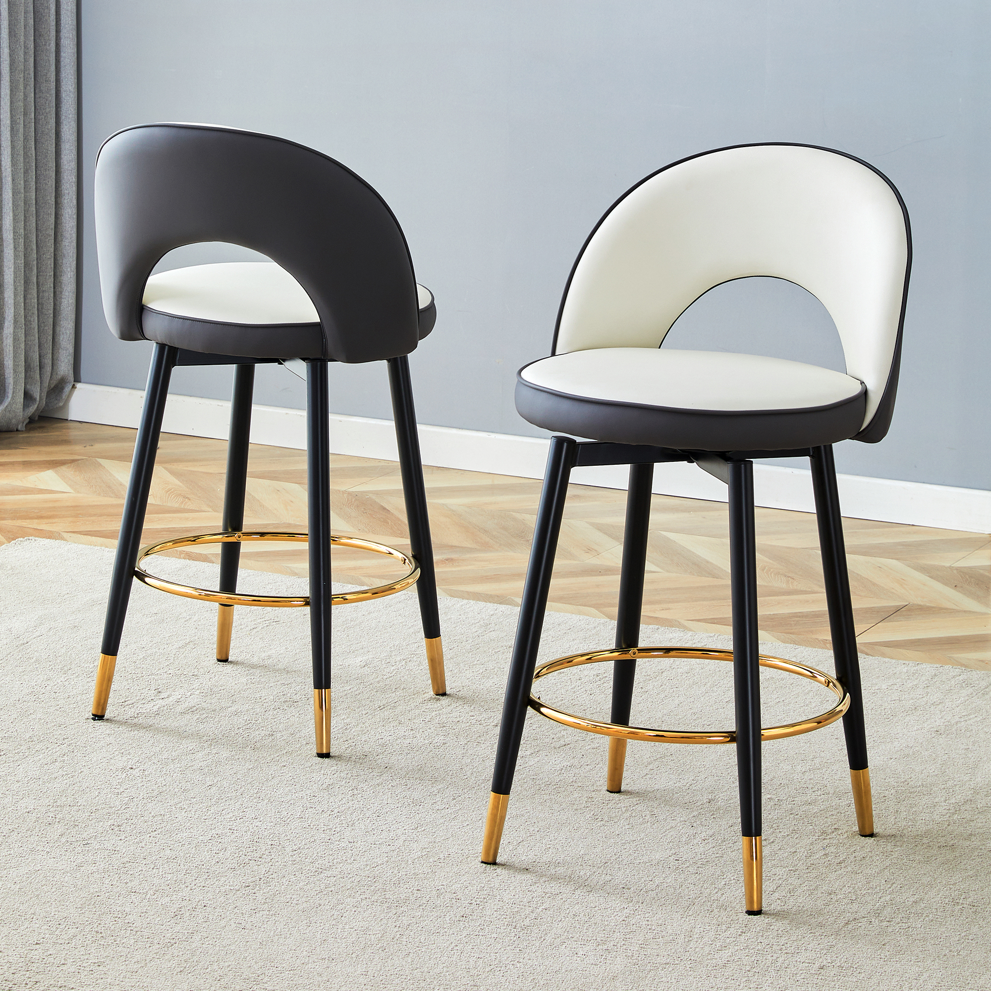 Silla de bar giratoria 360°, PU tapizado, blanco y gris, patas de metal, juego de 2.