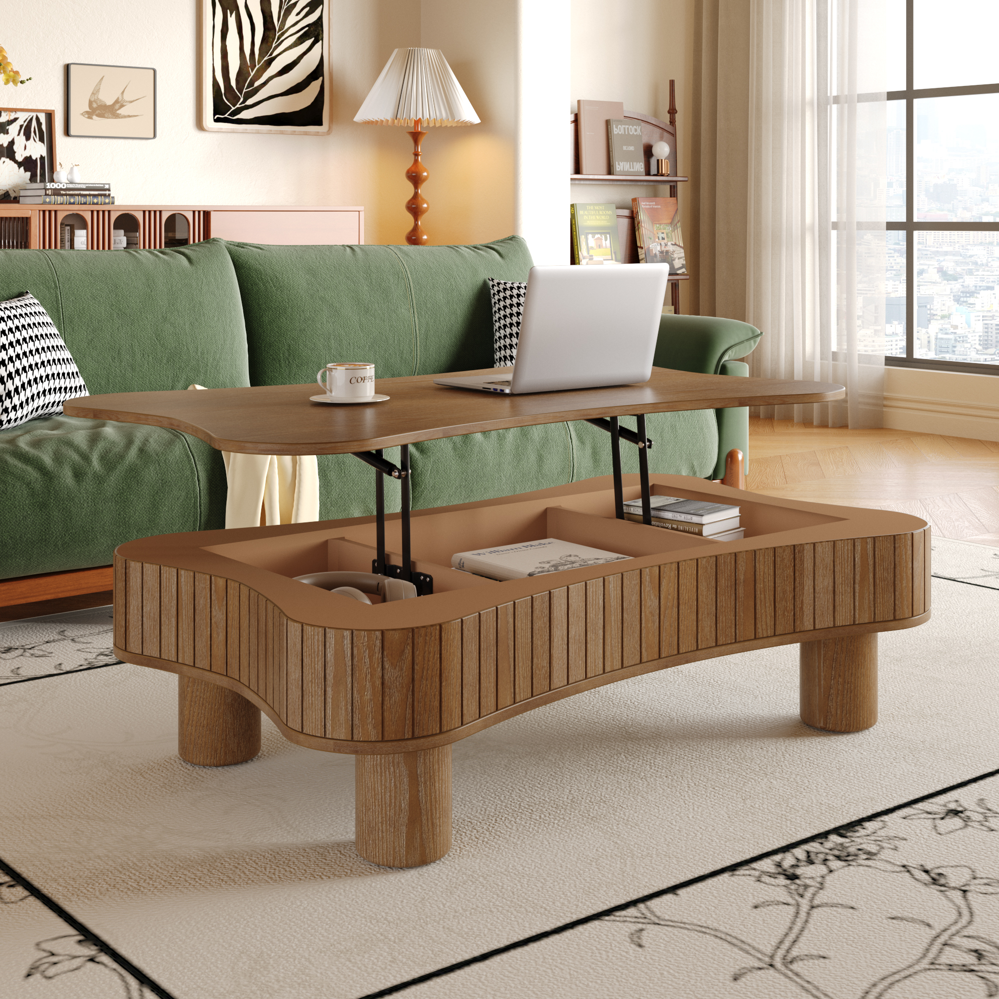 Lift Top Coffee Table For Living Room 42- Fluted Panel Hidden Storage, Silent Hydraulic Lift, Curved Safety Corners, 5 Min Assembly 27W X 13-18.9H,Walnut