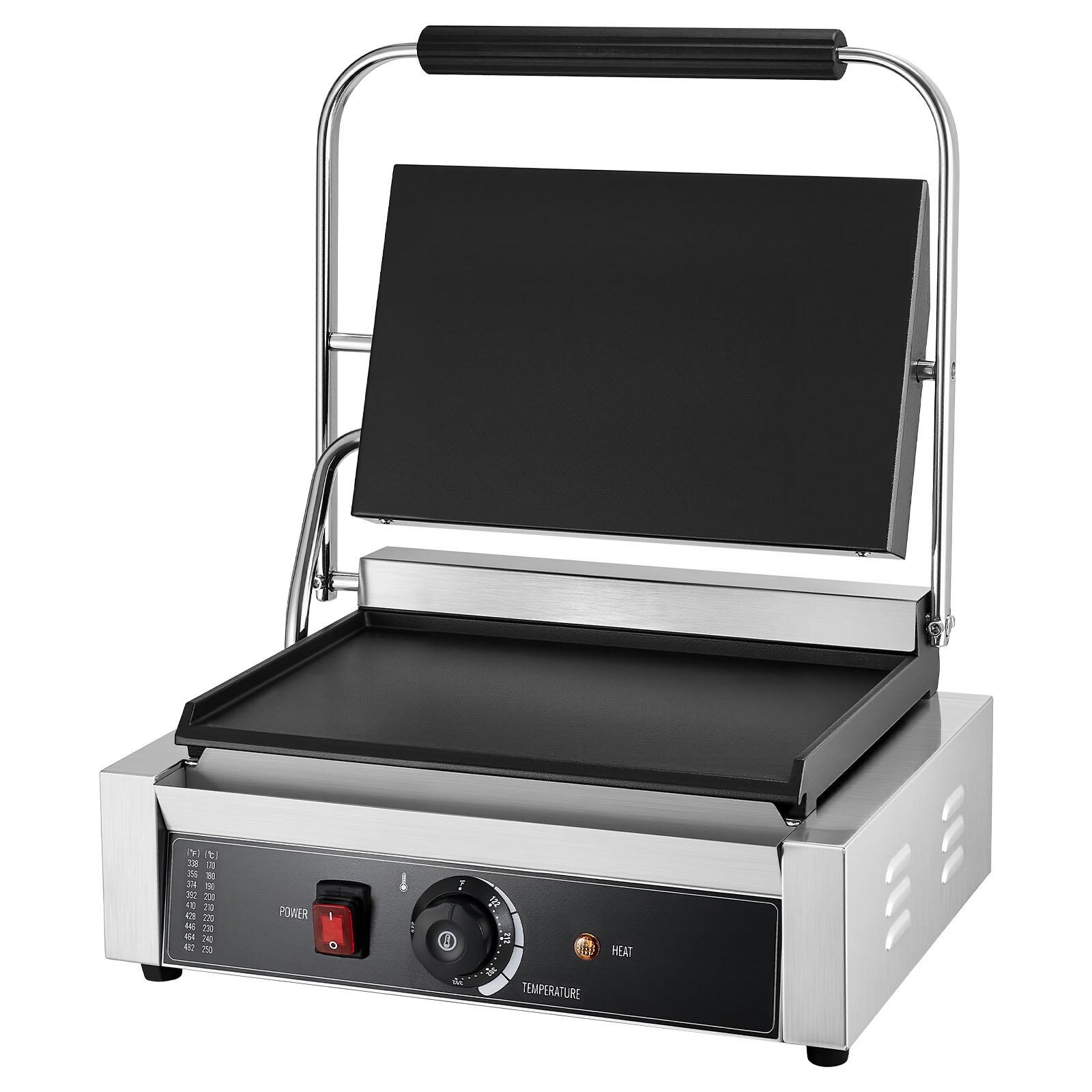 Parrilla comercial para panini, 1800W eléctrica, acero inoxidable, placa 13.5x9.3 pulg.