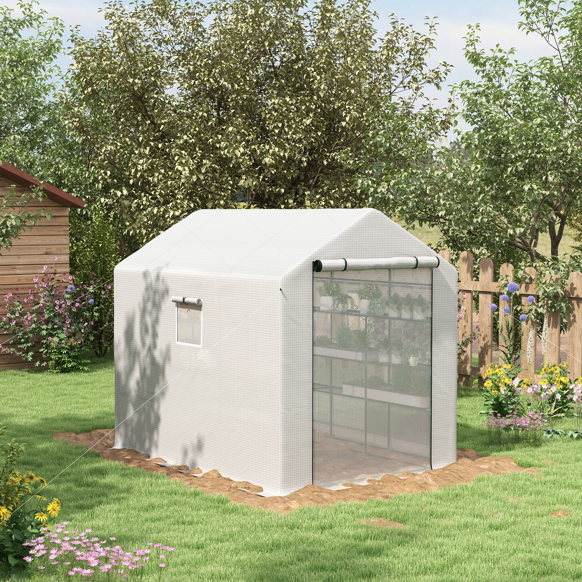 8 x 6 x 7 Portable Walk in Greenhouse with Mesh, Door, Windows, 18 Shelf, Trellis, Plant Labels, White