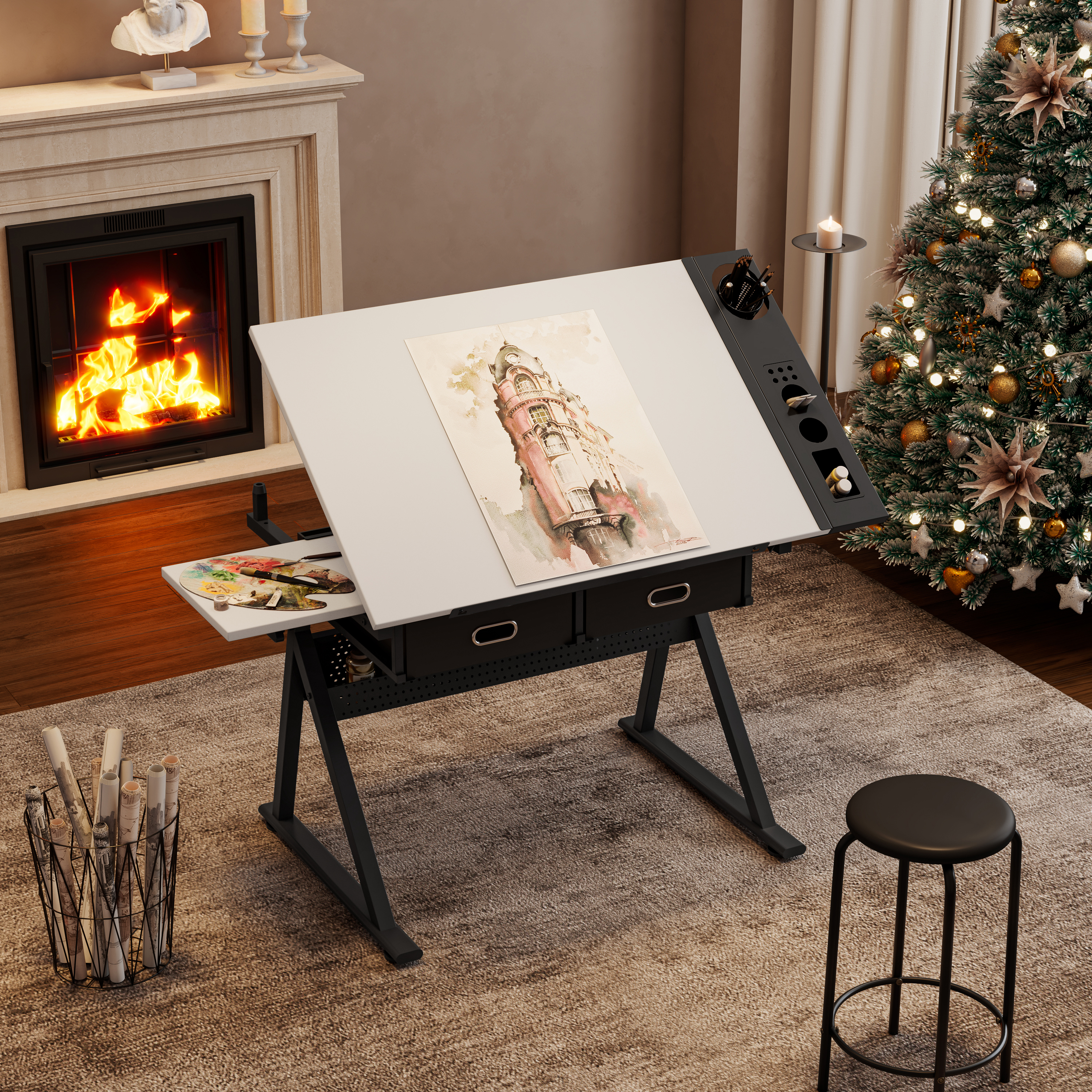 Adjustable Drawing Drafting Table Desk With 2 Drawers For Home Office And School With Stool White