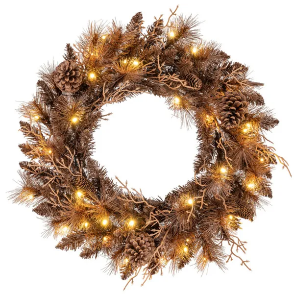 Corona de Navidad preiluminada de 24 pulgadas, 35 LED blancos cálidos, 6 piñas