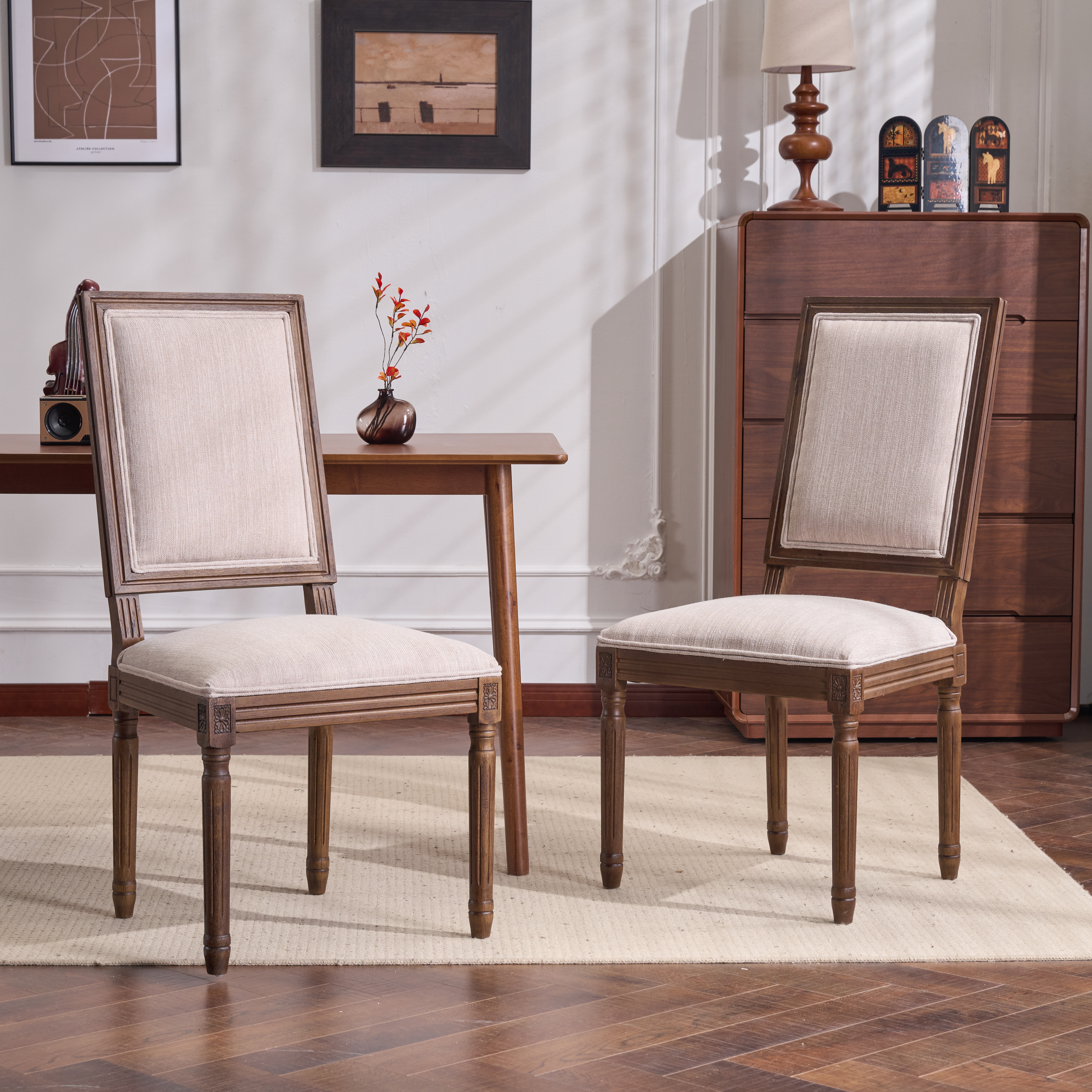 Set de 2 sillas de comedor rústicas francesas con respaldo de rejilla y asiento tapizado