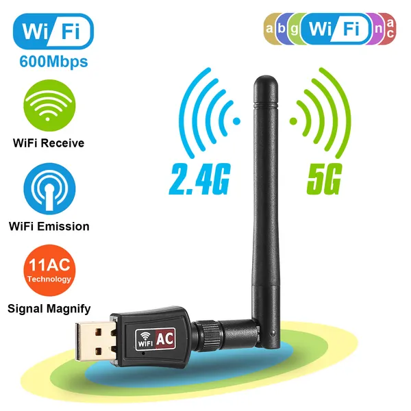 USB WiFi Adapter AC600Mbps 5G/2.4G Dual Band 802.11ac Wireless Network Adapter W/ 2dBi External Antennas For PC Desktop Laptop
